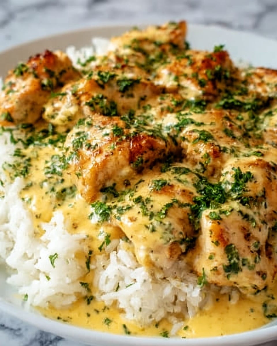 This image shows a close-up of a white plate filled with white rice topped with grilled chicken pieces covered in a creamy yellow sauce with green herbs sprinkled on top. The chicken pieces have a slightly browned, crispy texture, and the sauce looks smooth and thick, evenly spread over the chicken. The green herbs are fresh and finely chopped, adding a contrast in color to the yellow sauce and golden chicken. The plate rests on a white marbled surface. Photo taken with an iphone --ar 4:5 --v 7