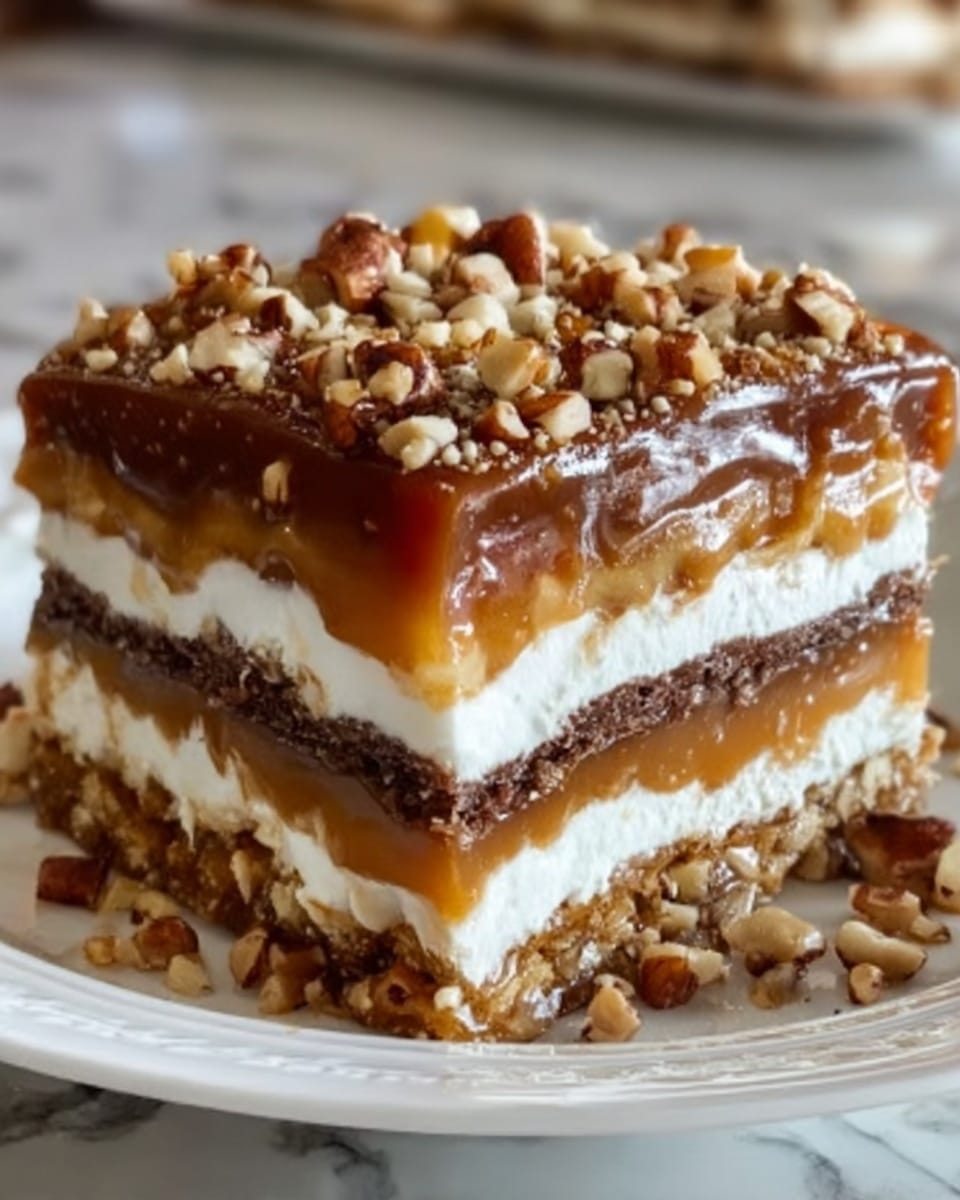 A close-up view of a square slice of multi-layered dessert on a white plate, resting on a white marbled surface. The dessert has several layers, starting at the bottom with a crunchy nut and chocolate crumb base in dark brown. Above this is a smooth, white creamy layer, followed by a thicker chewy caramel layer in light brown. The next layer is another thin white cream, then a nutty and crispy mixture layer in golden brown with visible pieces of nuts. The top is covered with a sticky golden caramel layer, sprinkled evenly with chopped mixed nuts, creating a textured surface. The dessert looks rich and dense with a mix of smooth, crispy, and gooey textures. photo taken with an iphone --ar 4:5 --v 7