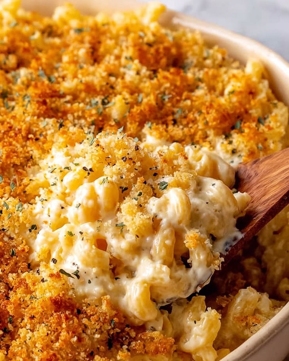 A close-up image of creamy macaroni and cheese in a white dish, showing three clear layers: the bottom layer consists of soft, yellow macaroni pasta, the middle layer is thick and smooth white cheese sauce coating the pasta, and the top layer is golden-brown toasted breadcrumbs sprinkled with some green herbs. A wooden spoon is scooping a portion, mixing the layers, and the background is a white marbled surface. The cheese sauce looks rich and gooey, and the breadcrumbs add a crunchy texture on top. Photo taken with an iphone --ar 4:5 --v 7