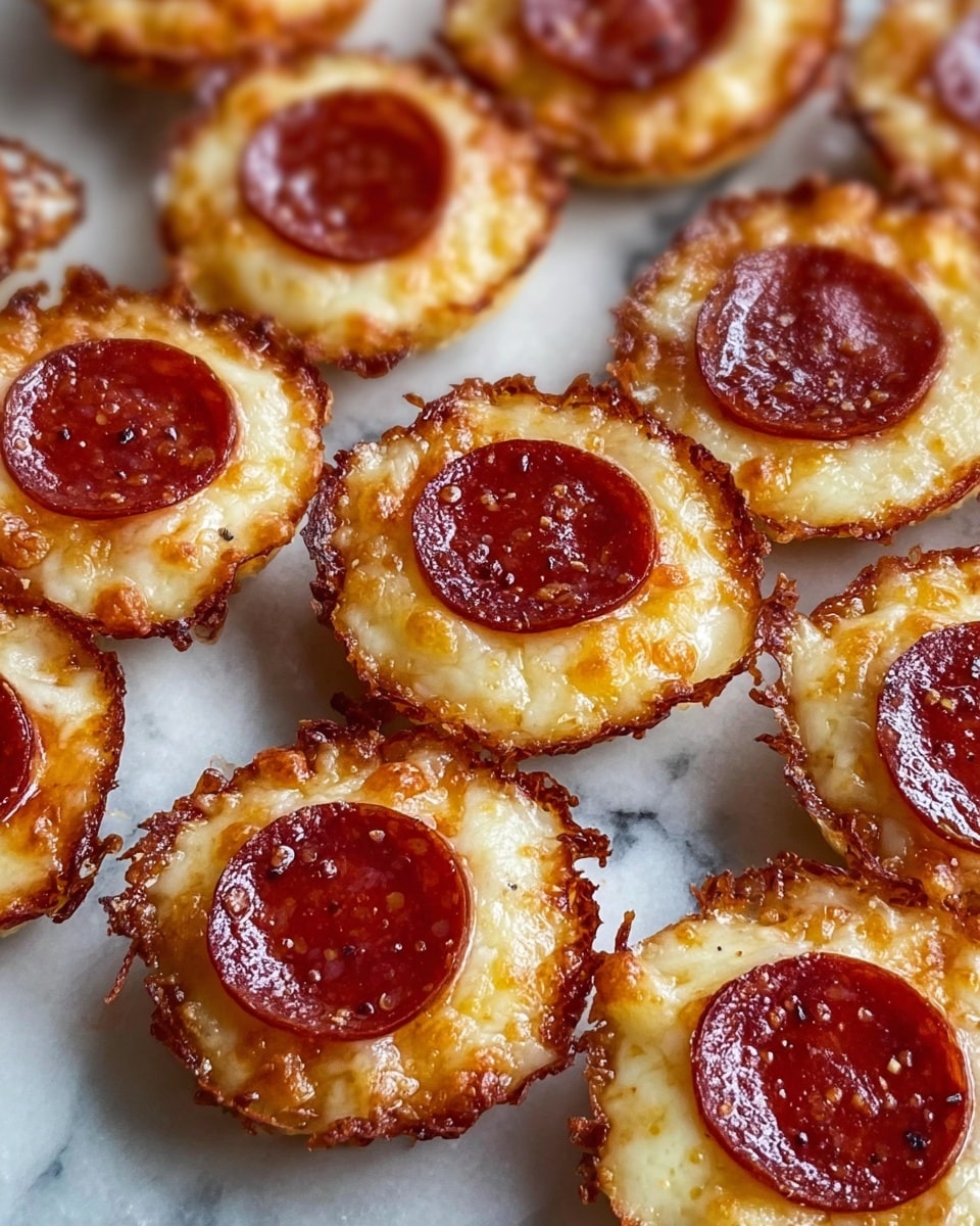 The image shows multiple small, round snacks arranged closely together on a white marbled surface. Each snack has two visible layers: the bottom layer is a crispy, golden-brown ring of melted cheese with slightly browned edges and a bubbly, uneven texture; the top layer is a single slice of shiny, dark red pepperoni with some visible seasoning dots, sitting flat in the center of the cheese base. The snacks have an inviting, warm look and appear freshly baked. photo taken with an iphone --ar 4:5 --v 7
