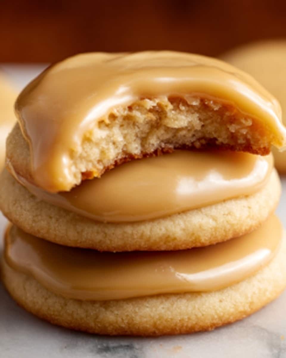 The image shows a stack of three soft, round cookies on a white marbled surface, each cookie covered with smooth, creamy beige frosting. The top cookie has a bite taken out of it, revealing a soft and slightly crumbly inside with a light yellow color. The frosting is thick and glossy, gently dripping over the edges of each cookie, giving a rich and smooth texture. The cookies themselves are light golden brown and have a slightly puffy and soft appearance. The photo taken with an iphone --ar 4:5 --v 7