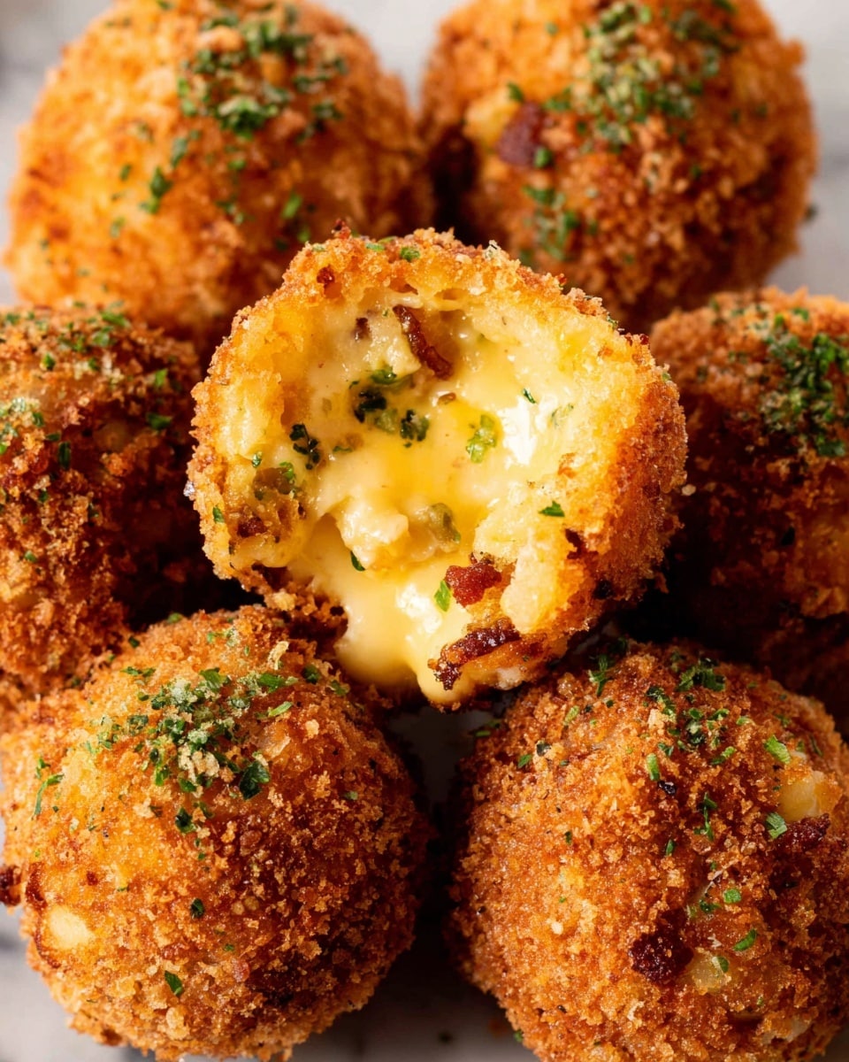 The image shows several round, golden-brown crispy balls with a rough, crunchy texture on the outside. One ball is broken open, revealing a creamy, gooey yellow center with bits of green herbs and small pieces of what looks like bacon or savory bits mixed in. The outer crust is thick and crumbly, covering the smooth, rich filling inside. The balls are arranged closely together on a surface with a white marbled texture. The topping on each ball appears lightly sprinkled with finely chopped green herbs. photo taken with an iphone --ar 4:5 --v 7