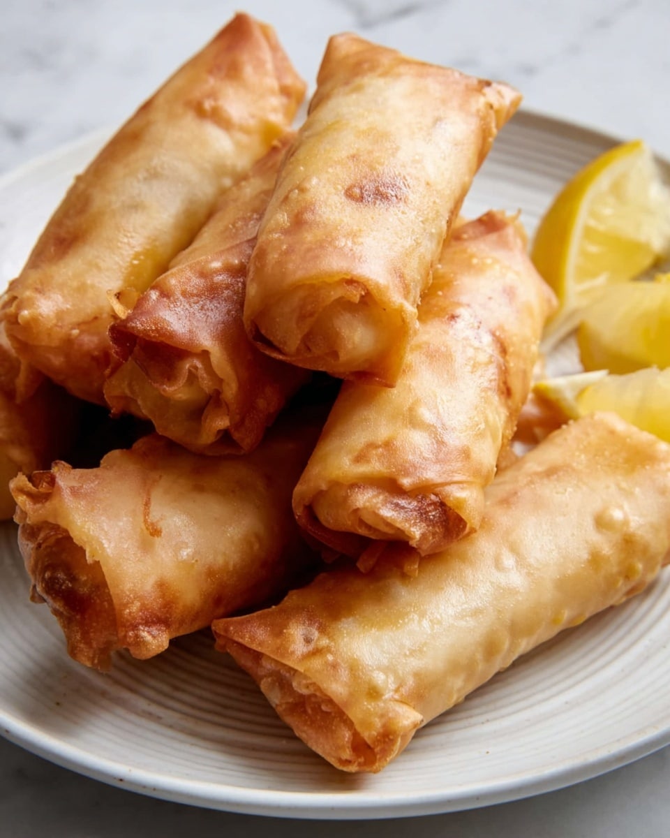 A stack of golden-brown fried spring rolls with a crispy, slightly blistered texture is displayed on a white plate with subtle ridged edges, arranged in two layers with four rolls on the bottom and three on top, showing slight folds and sealed ends. Two bright yellow lemon wedges sit at the top right corner of the plate, adding a fresh element. The plate rests on a white marbled surface which contrasts gently with the warm tones of the rolls. photo taken with an iphone --ar 4:5 --v 7