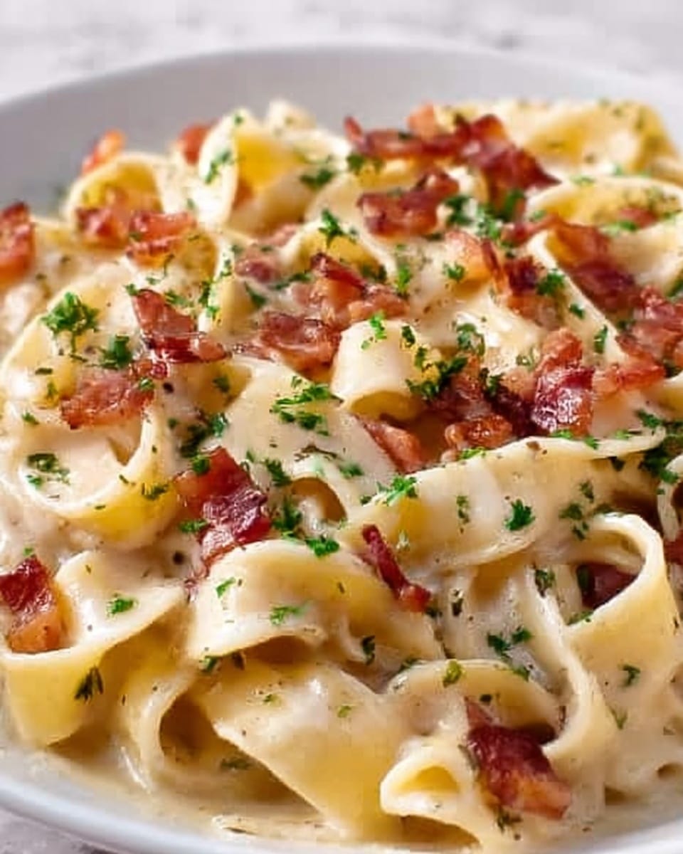 The image shows a close-up of creamy pasta with wide, flat noodles coated in a smooth, light beige sauce. Scattered on top are small pieces of cooked bacon that are reddish-brown and crispy. Sprinkled over the pasta are small bits of green herbs adding color contrast. The pasta fills the frame, sitting on a white plate, set against a white marbled texture background. photo taken with an iphone --ar 4:5 --v 7