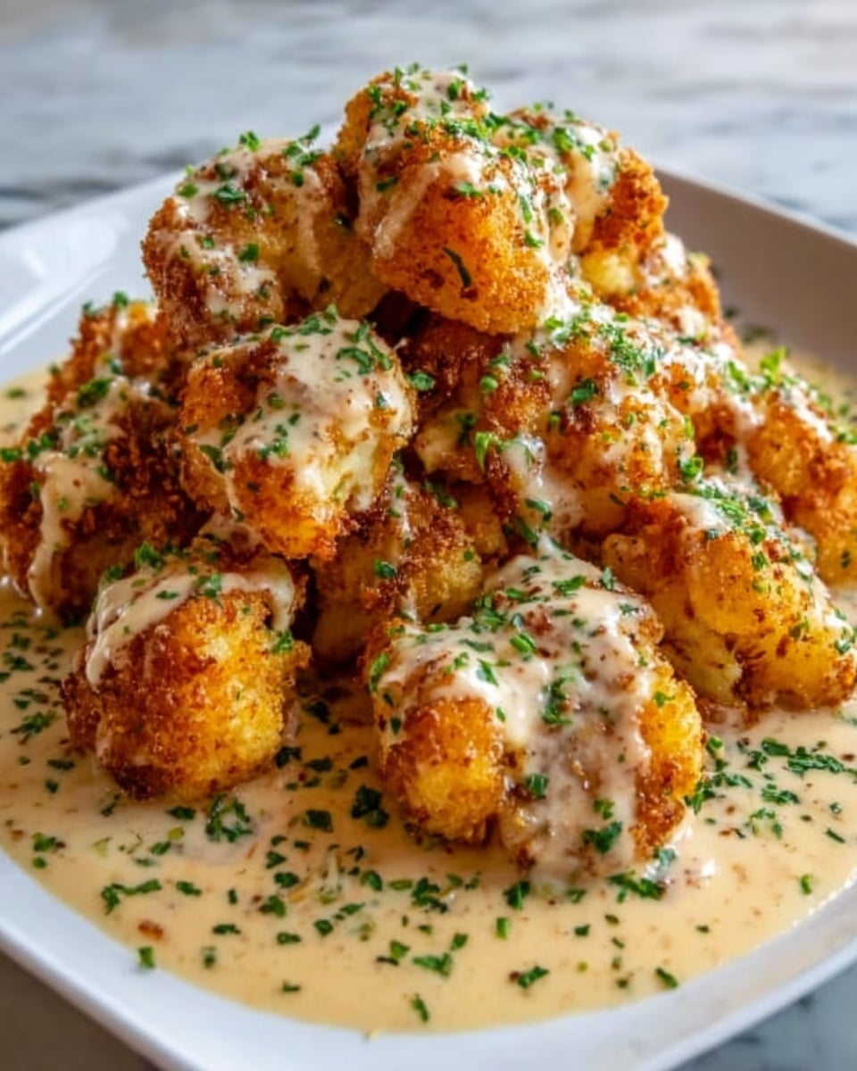 The image shows a white square plate filled with golden-brown fried cauliflower pieces stacked in a mound. The crispy cauliflower is covered with a creamy, light beige sauce that drips down the sides, and the dish is garnished with chopped green herbs sprinkled evenly on top. The plate is set on a white marbled surface with a blurred background, giving the food a fresh and appetizing look. Photo taken with an iphone --ar 4:5 --v 7