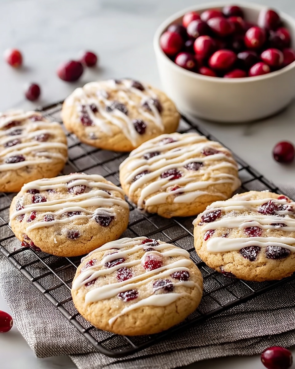 Six round cookies with a light golden-brown base are neatly placed on a black cooling rack over a soft gray cloth. Each cookie is dotted with dark red cranberries and drizzled with thick white icing in wavy lines across the top. There is a light dusting of powdered sugar on the icing, adding a soft white contrast. In the background, a white bowl filled with fresh cranberries is partially visible, resting on a white marbled surface. photo taken with an iphone --ar 4:5 --v 7