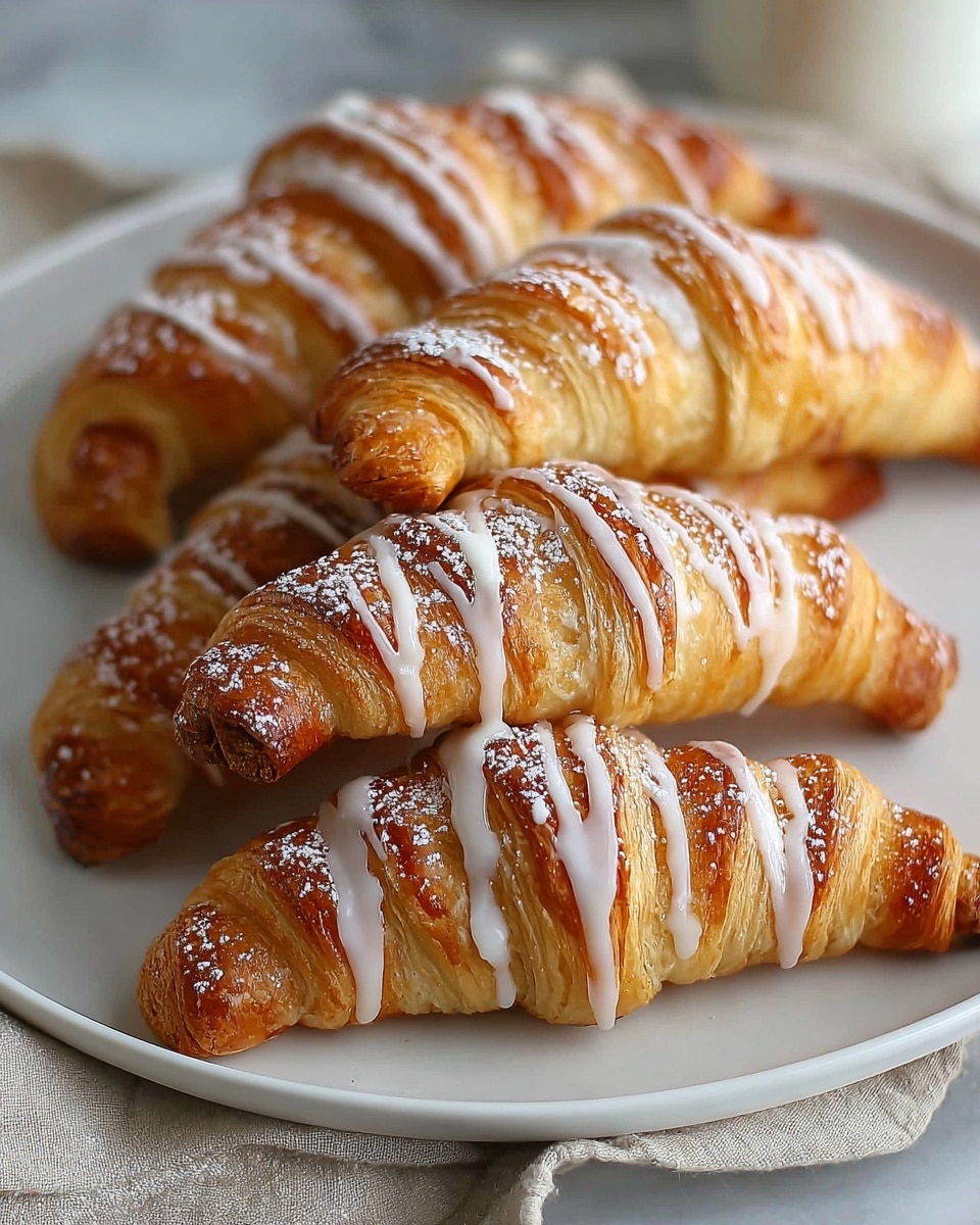 Four golden-brown croissants with visible layers of flaky pastry rest closely on a white plate. Each croissant has a light drizzle of white icing in diagonal lines across the surface, adding a glossy texture, and a dusting of powdered sugar gives a soft, snowy look. The croissants show a mix of light and darker brown shades, highlighting their baked, crispy outer edges and soft inner folds. The plate is placed on a white marbled texture with blurred cinnamon sticks in the background. photo taken with an iphone --ar 4:5 --v 7
