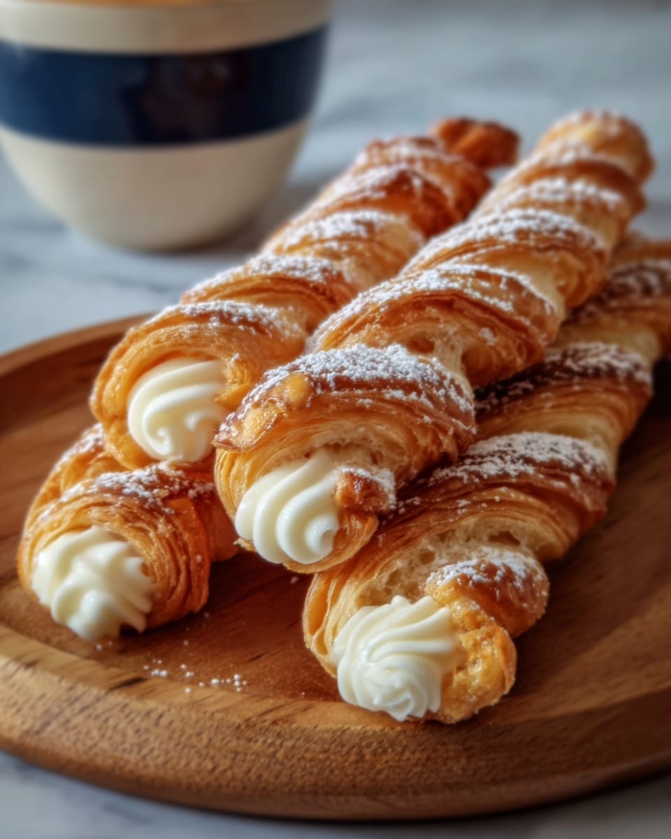 The image shows three twisted pastries on a round wooden plate. Each pastry has two layers: a golden brown flaky outer layer with a shiny, crispy texture, and a smooth white cream filling that is thick and piped evenly inside the twists. The pastries are dusted lightly with powdered sugar. The background is a white marbled surface and a blurred cup with a blue and white pattern can be seen behind the plate. photo taken with an iphone --ar 4:5 --v 7