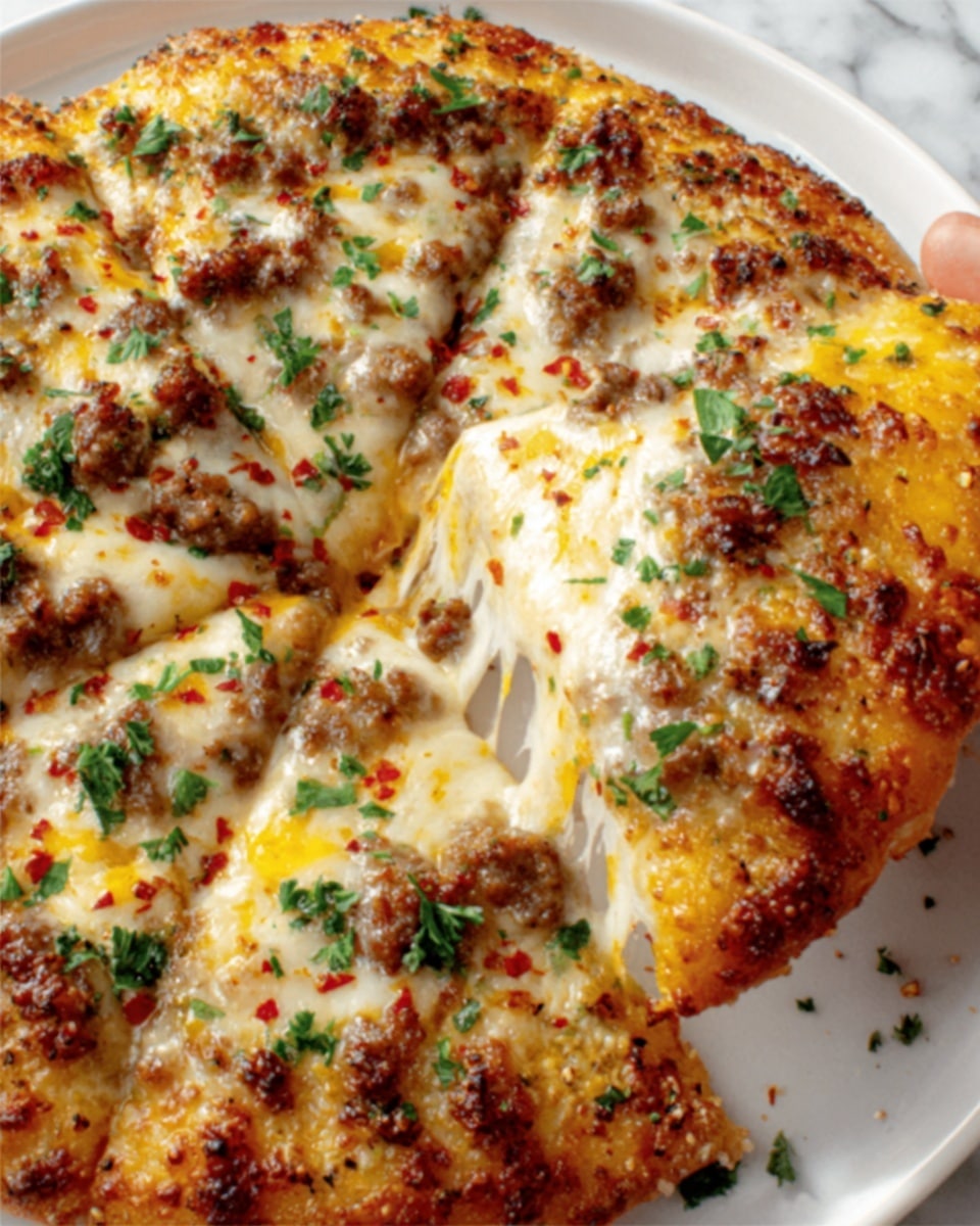 A close-up of a pizza with three visible slices on a white plate sitting on a white marbled surface. The pizza has two main layers: a golden-brown crust at the bottom and a thick layer of melted cheese on top, which is white with patches of golden yellow melted cheddar. There are bits of browned sausage spread evenly across the cheese, sprinkled with small green parsley pieces and tiny red pepper flakes. One slice is being lifted by a woman's hand, showing the gooey cheese stretching between the lifted slice and the rest of the pizza. photo taken with an iphone --ar 4:5 --v 7