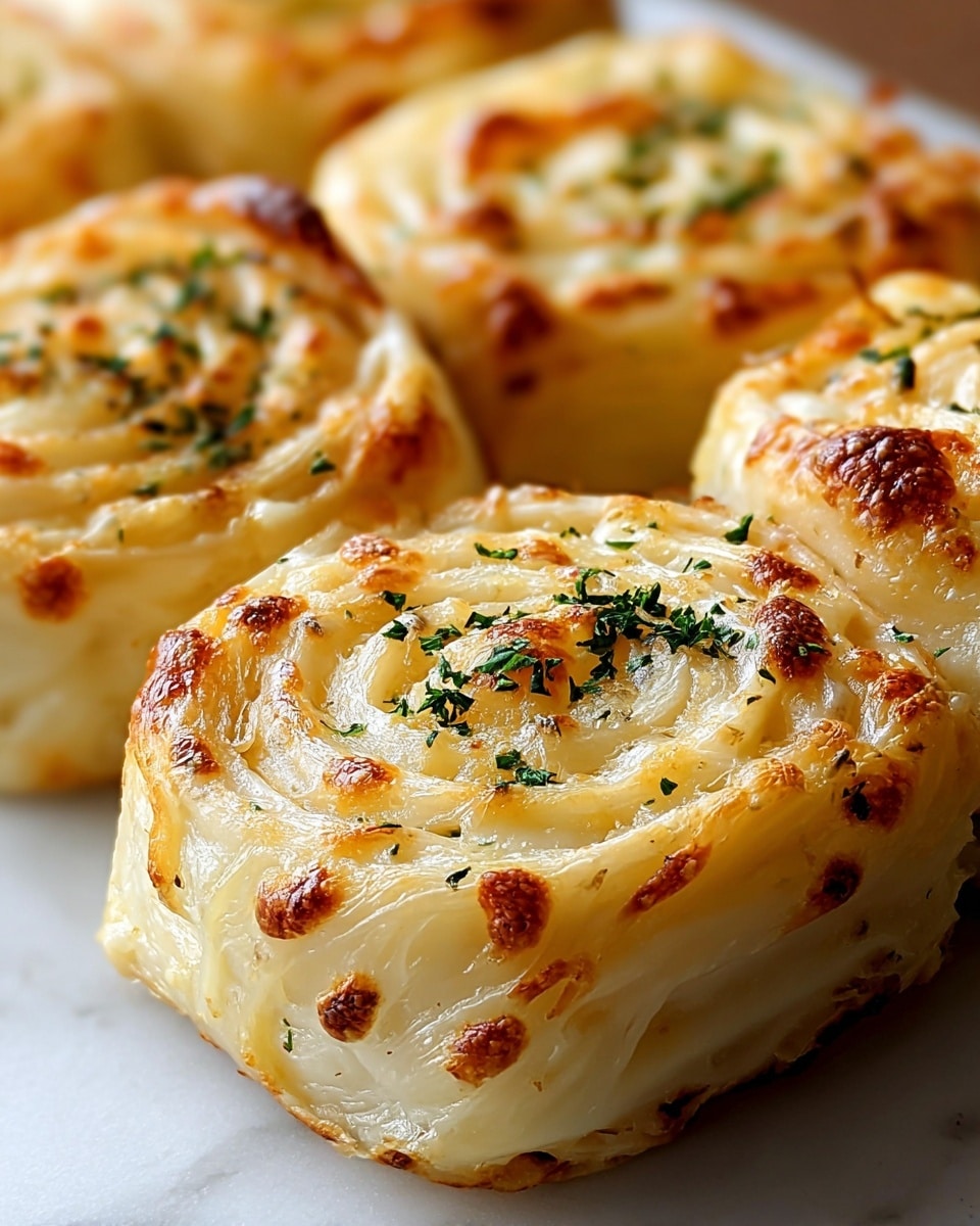 The image shows several golden-brown baked rolls lined up in a row on a white marbled textured surface, each roll featuring multiple thin layers of baked dough swirled tightly in a spiral. The top layer of the rolls looks soft and slightly glossy with a melted cheese texture, and small bits of green herbs are sprinkled evenly on top, adding contrast and detail. The surface of each roll is slightly uneven with some browned spots showing a toasted finish. Photo taken with an iphone --ar 4:5 --v 7