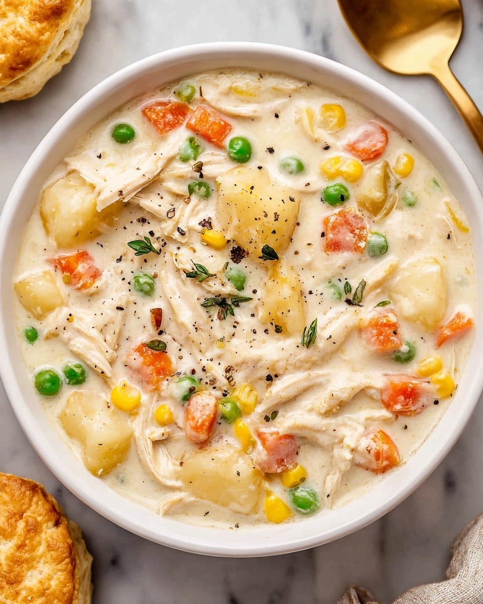 A white bowl filled with thick creamy chicken and vegetable soup, showing shredded white chicken pieces scattered on top and within the soup. The soup has a light beige, smooth creamy base with visible chunks of soft yellow potatoes, bright orange carrots, yellow corn kernels, and green peas mixed evenly throughout. Black pepper flakes are sprinkled over the soup's surface for texture and contrast. The bowl sits on a white marbled texture, and parts of a biscuit and a golden spoon are seen nearby. photo taken with an iphone --ar 4:5 --v 7