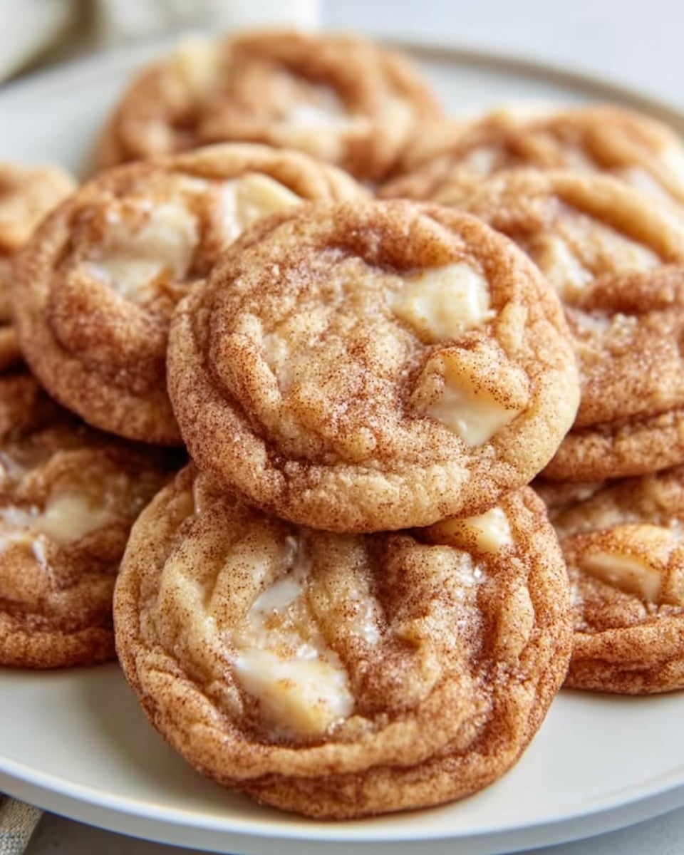 A close-up view of a pile of soft, round cookies on a white plate, each cookie showing a light golden brown color with visible swirls of white chocolate embedded in the dough. The cookies have slightly cracked tops with a shiny glaze, giving them a moist and chewy texture appearance. Small patches of cinnamon or spice dust can be seen lightly sprinkled on the surface, adding subtle texture contrast. The plate sits on a white marbled surface, enhancing the warm tones of the cookies. Photo taken with an iphone --ar 4:5 --v 7