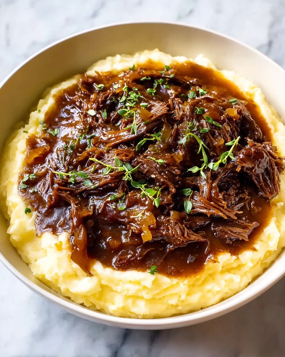 A white bowl contains two layers of food; the bottom layer is creamy mashed potatoes in a soft, pale white color with a smooth yet slightly fluffy texture, spread evenly to form a base. On top sits a rich, dark brown shredded beef in thick, juicy strands covered in a glossy, thick brown gravy that pools slightly at the edges of the mashed potatoes. Small green herb leaves are scattered on the beef and potatoes for a pop of color, all placed on a white marbled surface. photo taken with an iphone --ar 4:5 --v 7