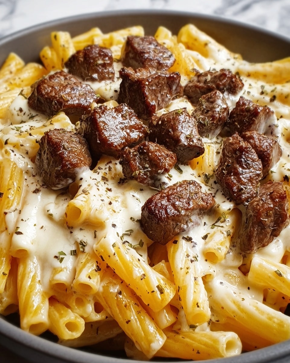 The image shows a close-up of creamy penne pasta mixed with pieces of browned steak. The dish has two main layers: the pasta, which is light golden and smooth with a slightly firm texture, and the thick, creamy white sauce coating it evenly. Scattered throughout are small to medium chunks of steak, browned on the outside with a juicy texture inside. The top of the dish is sprinkled with dried green herbs, adding color and texture contrast. The whole dish appears rich and warm, with the sauce slightly melted into the pasta and steak. Photo taken with an iphone --ar 4:5 --v 7