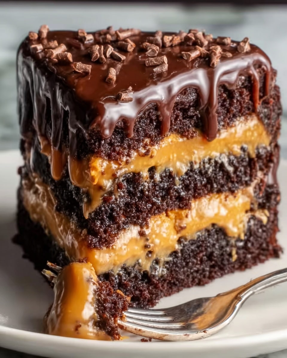 The image shows a close-up of a slice of rich chocolate cake with three layers of dark, moist cake. Between the layers, there are thick layers of golden caramel oozing slightly at the edges. The top of the cake is covered with a shiny, smooth chocolate glaze that drips a little on the sides. Small pieces of chocolate are scattered on top of the glaze. The cake slice is on a white plate, set on a white marbled surface. Photo taken with an iphone --ar 4:5 --v 7