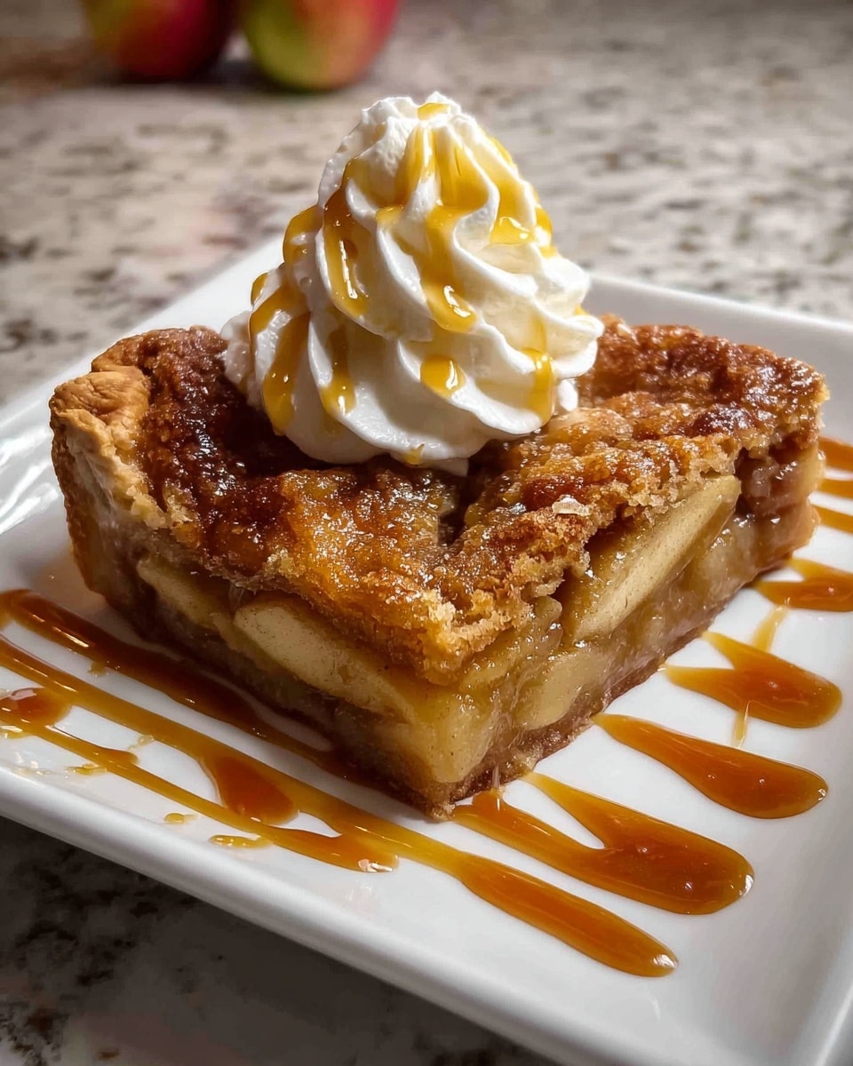 A square piece of apple pie with three visible layers sits on a white plate: the bottom layer is a light brown, firm crust; the middle layer is a soft, golden apple filling with visible apple slices; the top layer is a slightly crispy, deep golden brown crust with a textured surface. On top of the pie is a swirl of white whipped cream with a smooth, soft texture, drizzled with glossy caramel sauce that also decorates the plate around the pie in a zigzag pattern. The white plate is placed on a white marbled surface with a wooden background blurred behind. photo taken with an iphone --ar 4:5 --v 7
