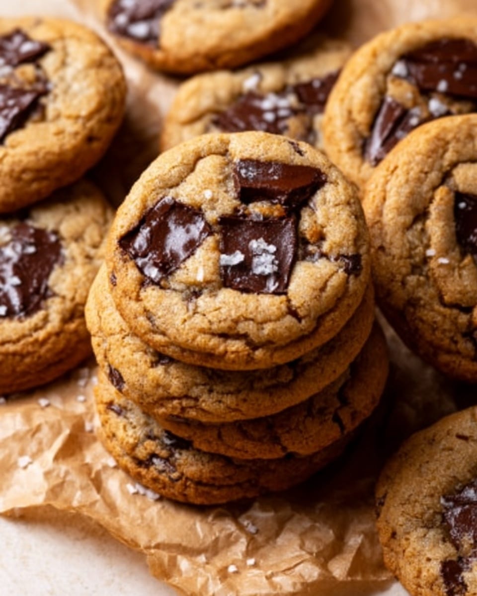 A close-up view of several round chocolate chip cookies stacked closely together on a white marbled surface, each cookie showing a rich golden-brown baked dough base with a slightly crispy texture on the edges and soft, slightly cracked tops. The cookies are topped with large dark brown chocolate chips embedded into the dough, with a few chips visibly melty and shiny. The overall texture looks soft and chewy with a subtle sugar coating on top, creating a warm, freshly baked appearance. photo taken with an iphone --ar 4:5 --v 7