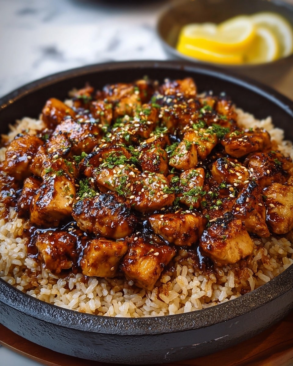 A close-up view of a black pan filled with two layers: the bottom layer is light brown cooked rice with a slightly oily texture, and the top layer consists of glistening grilled salmon chunks coated with a dark glossy sauce and sprinkled with small green herbs. The background shows a wooden board with a chopped lemon in a transparent bowl and a white marbled surface. photo taken with an iphone --ar 4:5 --v 7