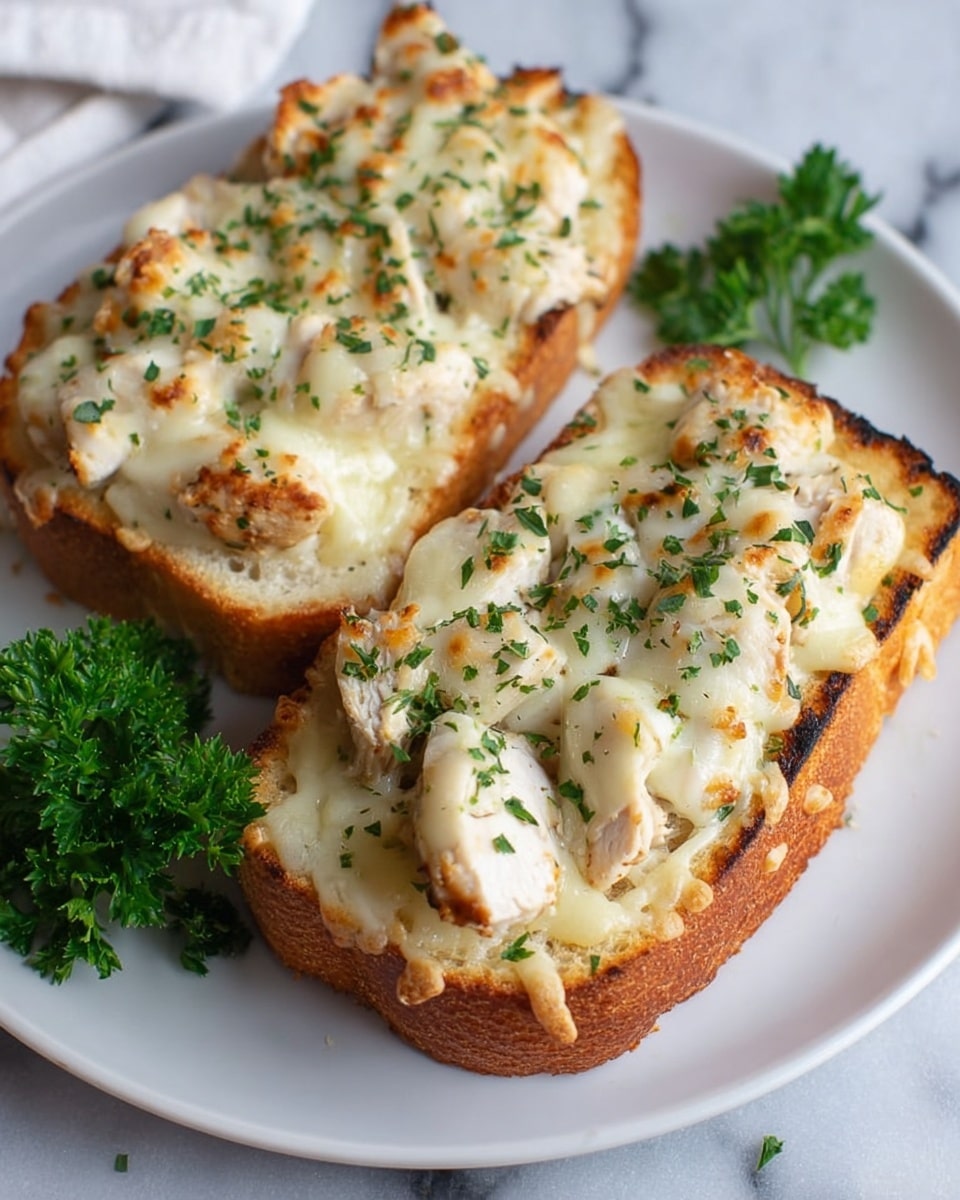 Two pieces of thick, toasted bread lie on a white plate, each topped with layers of shredded white chicken mixed with melted, golden-brown cheese that has a slightly crispy texture on top. The cheese stretches slightly off the edges, covered with small bits of green herbs sprinkled evenly across the surface. The bread’s crust is golden and slightly crunchy, while the inside looks soft and airy. A small bunch of fresh green parsley sits on the upper right side of the plate, adding a fresh contrast to the warm tones of the dish. The plate rests on a white marbled surface with a blue-gray cloth loosely beneath it. Photo taken with an iphone --ar 4:5 --v 7