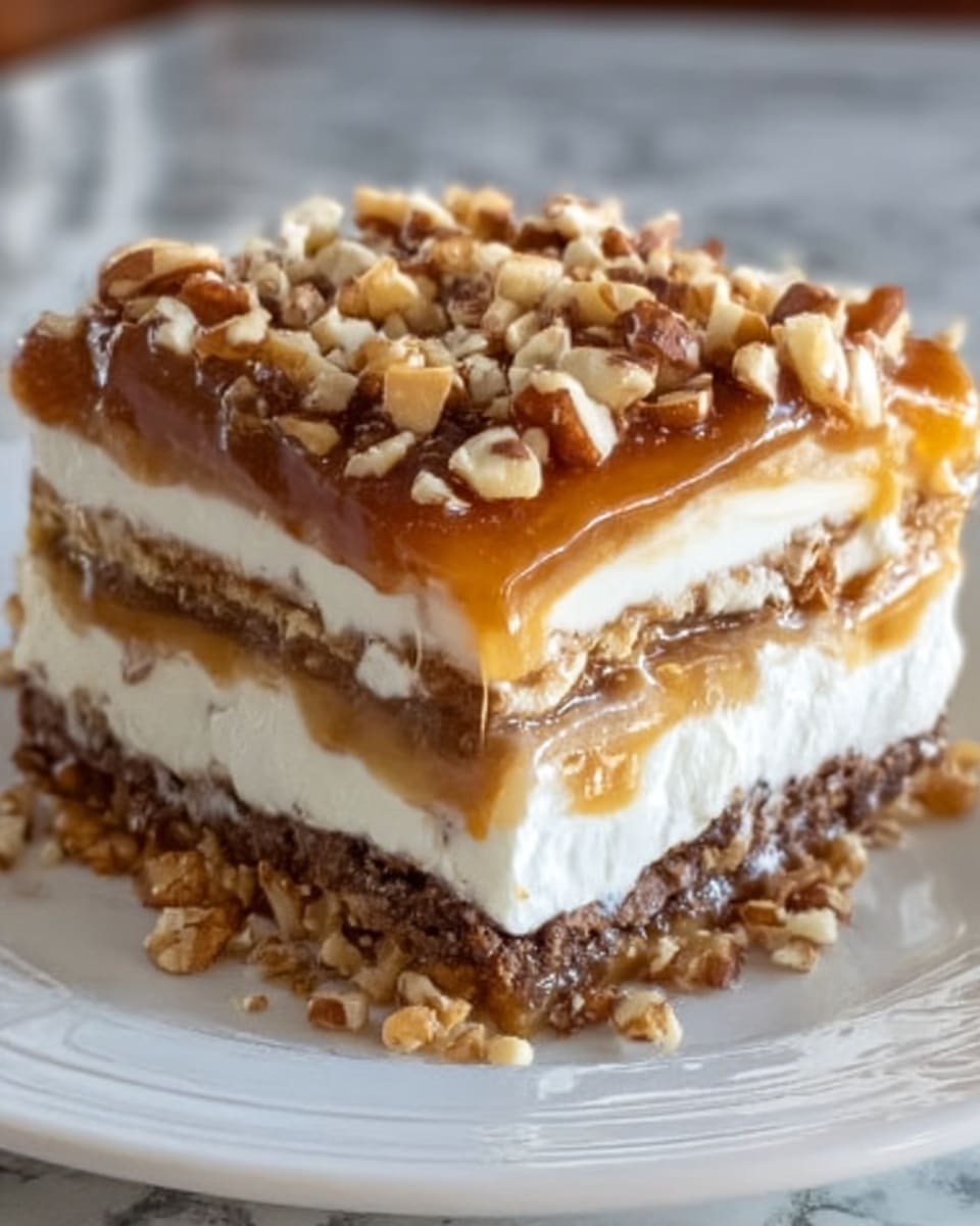 The image shows a square piece of layered dessert placed on a white plate, sitting on a white marbled surface. The dessert has multiple layers starting from the bottom with a thick base of crushed nuts mixed with a sticky caramel-like substance, giving it a rough brown and light tan texture. Above this base, there is a smooth layer of white cream, followed by another thin layer of nutty caramel. The next layer is thicker white cream, topped with a shiny, golden caramel layer. The top is sprinkled generously with chopped nuts of varying sizes, adding a crunchy look to the smooth caramel shine. The photo taken with an iphone --ar 4:5 --v 7