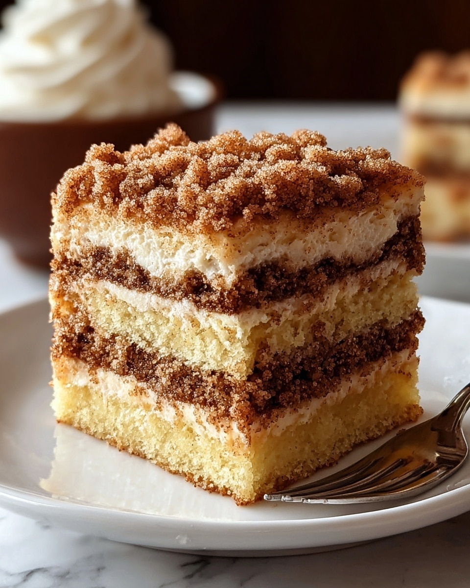 A close-up of a square piece of layered crumb cake sitting on a white plate with a thin gold rim, placed on a white marbled textured surface. The cake has four visible layers: the bottom and third layers are light beige soft cake, while the second and top layers are thick dark brown crumbly cinnamon sugar filling and topping. The top crumb layer looks rough and grainy with a mix of golden and brown tones. A silver fork lies on the plate beside the cake. In the background, blurred, is a small wooden bowl with a swirl of pale yellow butter or cream. photo taken with an iphone --ar 4:5 --v 7