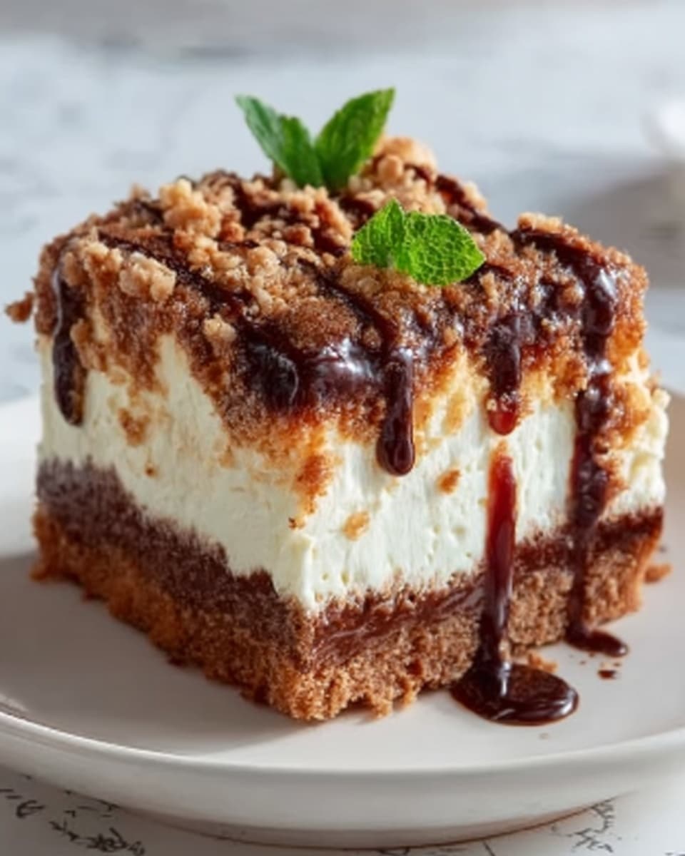 A square piece of dessert with three clear layers sits on a white plate over a white marbled surface. The bottom layer is dark brown and looks crumbly like a dense cookie or cake crust. The middle layer is thick, creamy, and white, appearing smooth and soft. The top layer is golden brown with a crumbly texture and is generously drizzled with dark chocolate sauce that flows down the sides. A small green mint leaf decorates the top center, adding a touch of color. Photo taken with an iphone --ar 4:5 --v 7