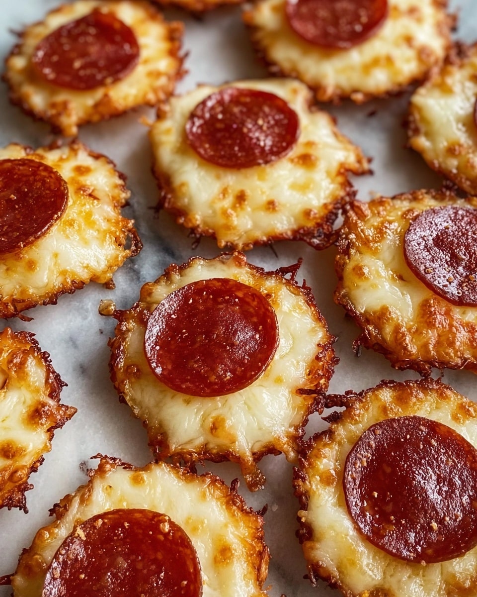 The image shows several small round snacks arranged closely on a white marbled surface. Each snack consists of two visible layers: the bottom layer is golden brown and slightly crispy melted cheese with some browned edges and bubbling texture, while the top layer is a single, shiny, dark red pepperoni slice centered on the cheese layer. The pepperoni slices have small specks of seasoning and a slight oily sheen, giving a fresh cooked look. Photo taken with an iphone --ar 4:5 --v 7