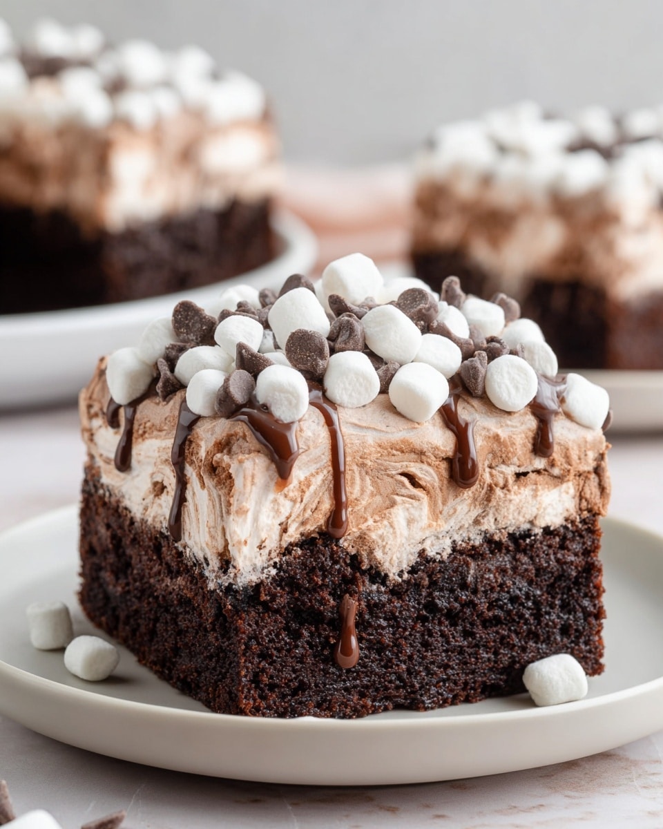 A close-up of a square piece of chocolate cake with three layers: the bottom layer is a moist, dark brown chocolate cake, the middle layer is cream with bits of chocolate mixed in, and the top layer is light brown whipped cream. On top, there are many small white marshmallows and dark chocolate chips, all drizzled with shiny chocolate syrup. The cake is on a white plate, sitting on a white marbled surface, with another similar slice blurred in the background and some marshmallows scattered nearby. photo taken with an iphone --ar 4:5 --v 7