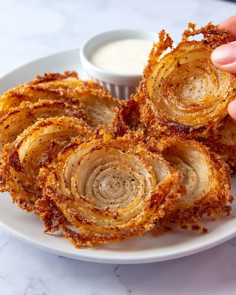 A white plate on a white marbled surface holds several round, golden-brown onion slices fried to a crispy texture, each with visible layered rings and some darker, crunchy edges. A small white bowl filled with a creamy white dipping sauce is placed near the back of the plate. A woman's hand is holding one onion slice, showing its thin, crunchy layers and seasoned surface. The lighting highlights the crispy texture and slight oil sheen on the onions, making them look hot and fresh. photo taken with an iphone --ar 4:5 --v 7