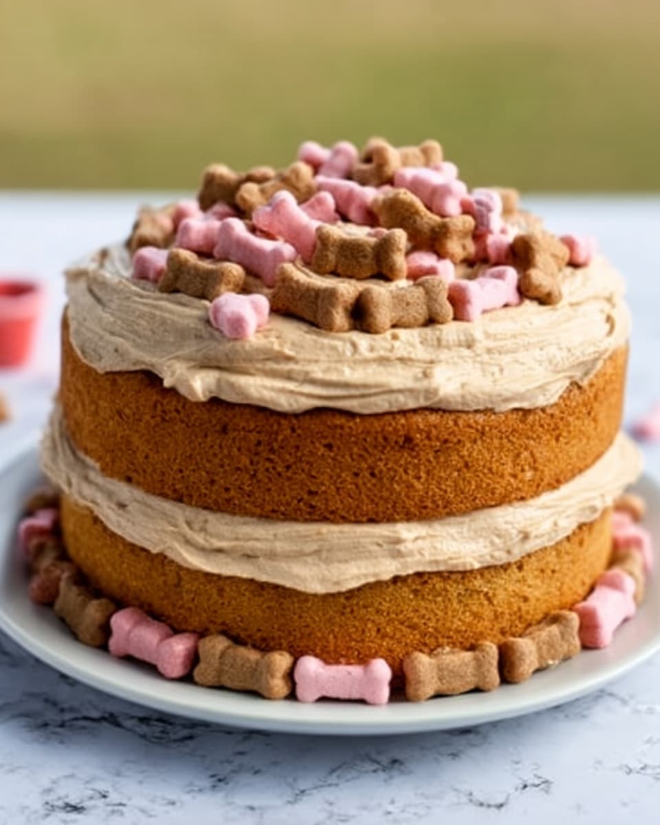 A two-layer cake sits on a white plate, placed on a white marbled surface. The cake is golden brown with a thick layer of light brown frosting between the two layers and on top. On the top layer, there is a pile of small bone-shaped dog treats in pink and brown colors, and more dog treats circle the base of the cake. The whole scene looks bright and inviting. photo taken with an iphone --ar 4:5 --v 7