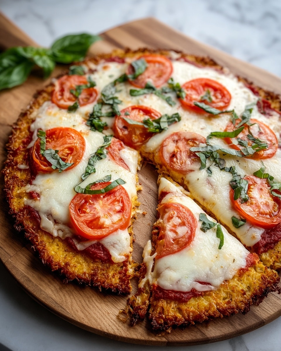 A round pizza with six slices sits on a wooden board over a white marbled surface. The bottom layer is a thick, crispy golden crust with a rough texture. Above it is a thin red tomato sauce layer peeking through. The middle layer is melted white cheese, soft and gooey, covering most of the pizza except near the edges. On top of the cheese, each slice has a bright red tomato round and scattered green basil leaves. The cheese is lightly browned in spots, adding a toasted texture. photo taken with an iphone --ar 4:5 --v 7
