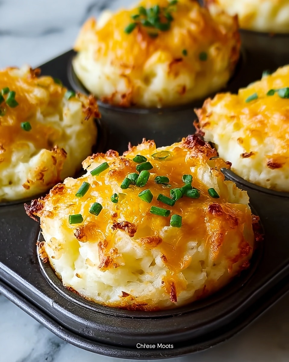 The image shows golden mashed potato puffs baked in a dark muffin tray, each puff round and slightly puffed up with a crispy, browned top layer covered with melted shredded cheddar cheese that adds an orange tinge and bubbly texture. Small pieces of fresh green chives are sprinkled on top, adding a pop of color and a fresh, vibrant detail. The mashed potatoes underneath appear soft and creamy with a smooth, pale yellow surface, rising just above the edges of each muffin cup. The background is a white marbled texture, creating a clean and simple look. photo taken with an iphone --ar 4:5 --v 7