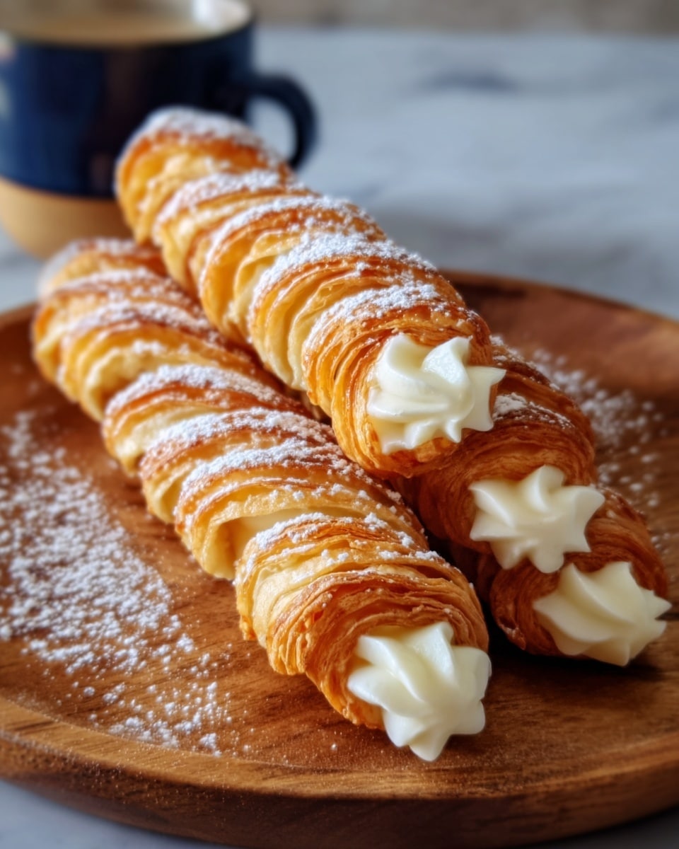 The image shows three twisted puff pastry sticks placed on a wooden plate. Each stick has golden-brown, flaky layers with a glossy, crispy texture. Between the twists, there is a creamy white filling neatly piped along the length of each stick. The pastry sticks are lightly dusted with powdered sugar, adding a soft white contrast to the golden tones. The background features a white marbled texture with a blurred dark blue and white cup partly visible. Photo taken with an iphone --ar 4:5 --v 7