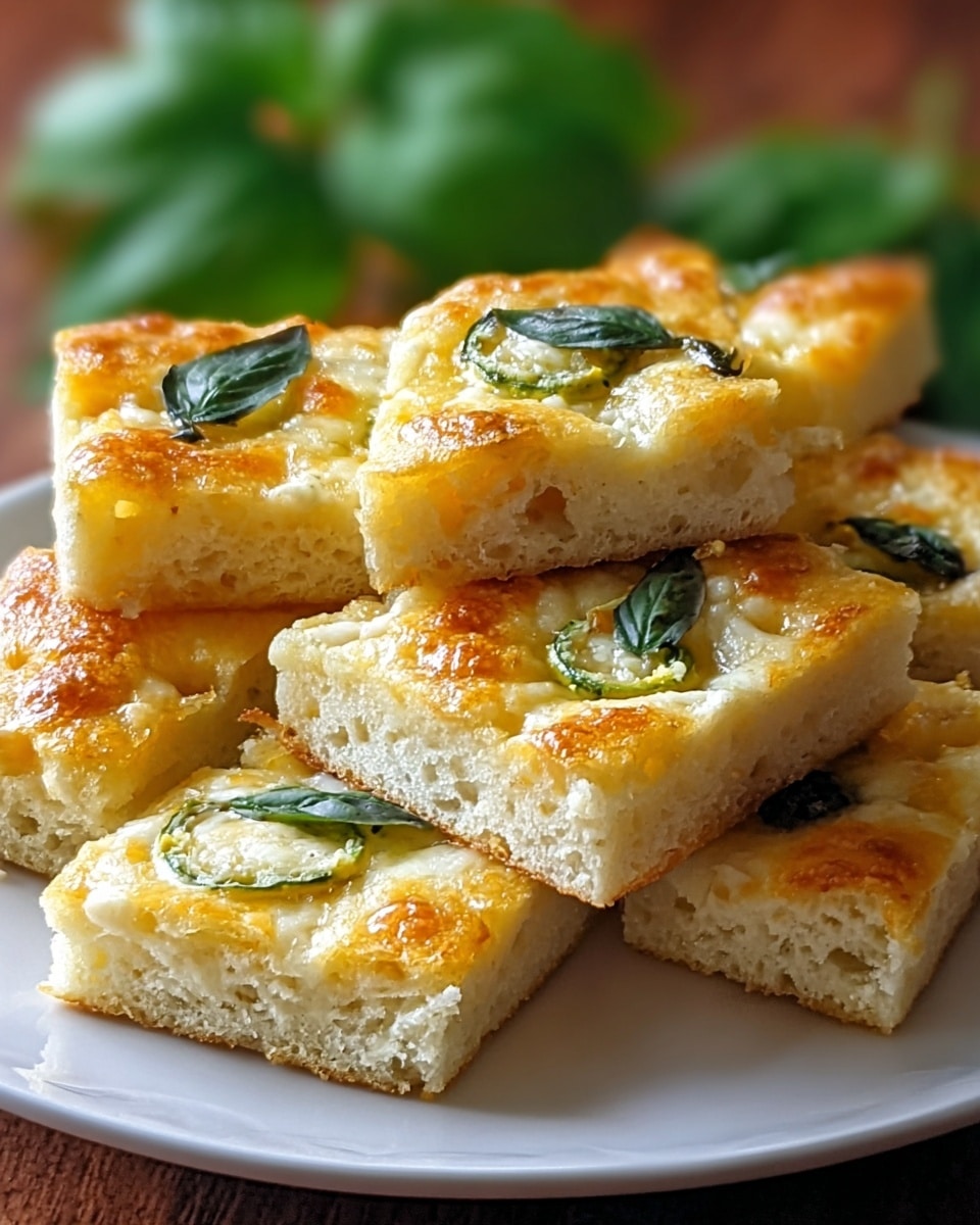 A pile of square slices of focaccia bread stacked on a white plate, each slice showing two distinct layers: a golden-brown, slightly crispy bottom crust with a smooth texture, and a thick, fluffy top layer of baked dough that is light yellow with melted cheese patches and small green basil leaves scattered on each piece. The bread looks soft inside with a shiny, slightly oily surface and is arranged casually in a small stack. The background is softly blurred with green foliage hinting at an outdoor setting on a white marbled texture. photo taken with an iphone --ar 4:5 --v 7