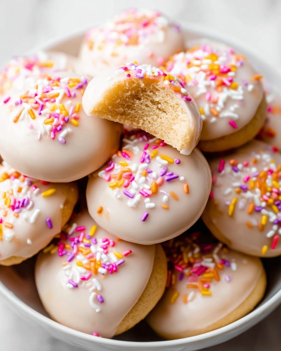 A pile of small round cookies with one layer of smooth white icing on top, each cookie decorated with a small cluster of colorful sprinkles in pink, blue, yellow, and orange, placed close together on a white marbled surface; one cookie is bitten showing a soft, dense, light golden inside texture; the overall color palette is soft with pastel icing and bright sprinkles scattered on the right side and center of each cookie, photo taken with an iphone --ar 4:5 --v 7