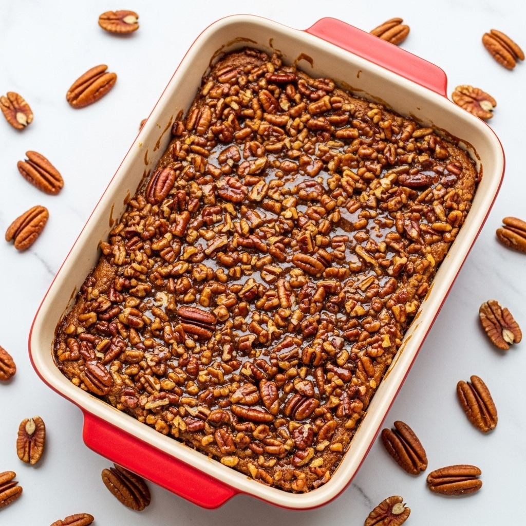The image shows a rectangular red baking dish filled with a pecan dessert. The top layer is glossy and textured, made of golden to dark brown chopped pecans mixed in a sticky, caramel-like glaze. The dish is placed on a white marbled surface scattered with some whole pecans around it. The dessert looks thick and dense, with the edges slightly lighter in color, showing a thin crust layer beneath the nut topping. Photo taken with an iphone --ar 4:5 --v 7