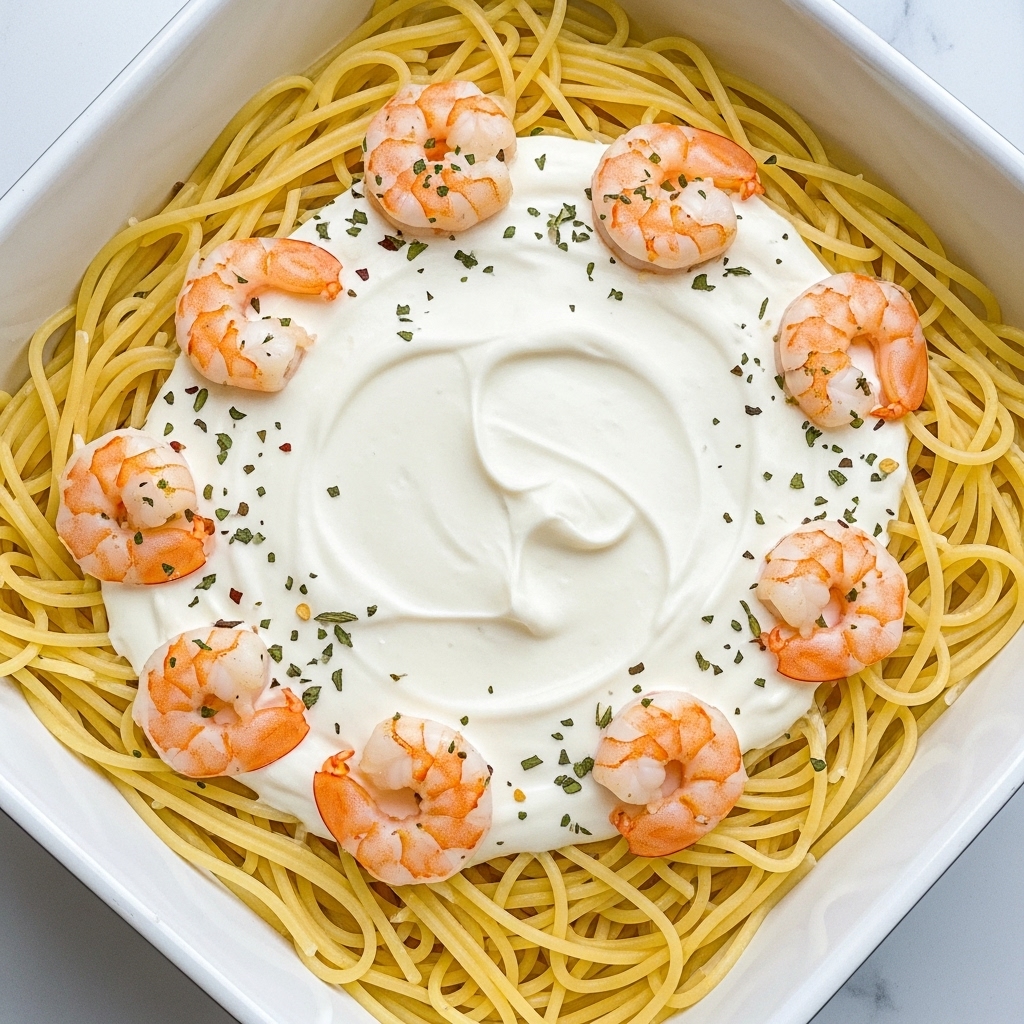 A white square baking dish filled with creamy shrimp pasta. The bottom layer is long cooked spaghetti noodles, light yellow and soft, spread evenly. On top of the noodles is a thick white creamy sauce that covers the middle of the dish, smooth and glossy. Scattered on the sauce are medium-sized shrimp, pale orange and white with a slight shine. The shrimp are placed in a loose circle near the edges of the creamy sauce. Small green herb flakes are sprinkled over the shrimp and sauce, adding tiny spots of color. Photo taken with an iphone --ar 4:5 --v 7