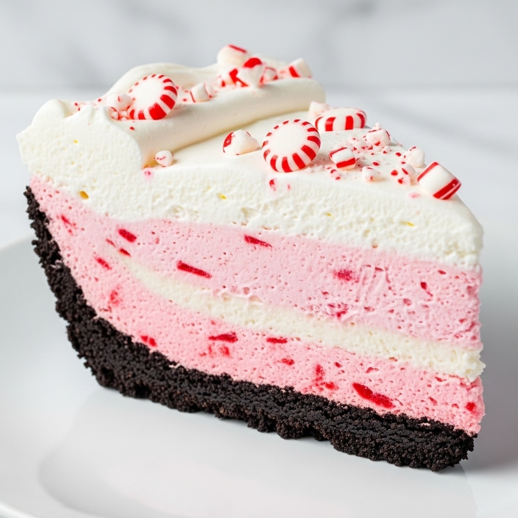 A slice of creamy peppermint dessert with three visible layers rests on a white plate against a white marbled background. The bottom layer is a dark chocolate crumb crust, rough and dense. The middle layer is thick and light pink with swirls of red peppermint bits mixed throughout, giving it a smooth but textured look. The top layer is a thick, fluffy white whipped cream, crowned with scattered crushed peppermint pieces, showing red and white candy fragments. The dessert slice looks soft and rich with a festive touch. Photo taken with an iphone --ar 4:5 --v 7