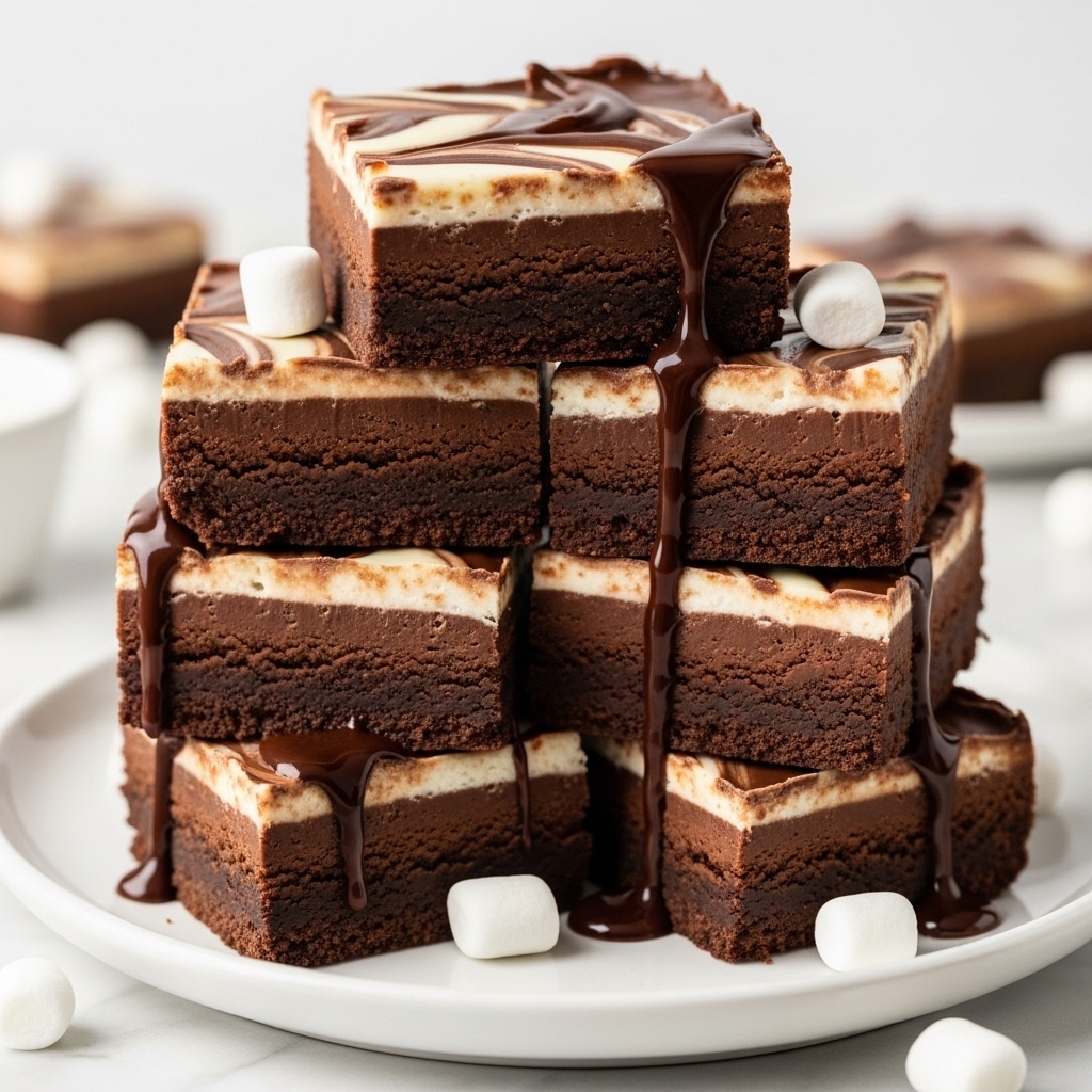 A stack of thick, square chocolate fudge pieces arranged in a pyramid shape on a white plate. Each fudge piece has a smooth, dark brown base layer with a slightly shiny texture and a thin crust at the bottom. On top is a swirled layer mixing creamy white and dark chocolate colors in a marbled pattern. Small white marshmallows are scattered around the fudge pieces and placed on top, adding contrast and softness to the rich, dense look of the chocolate. The setup is on a white marbled surface with a few crumbs and marshmallows around the plate. Photo taken with an iphone --ar 4:5 --v 7