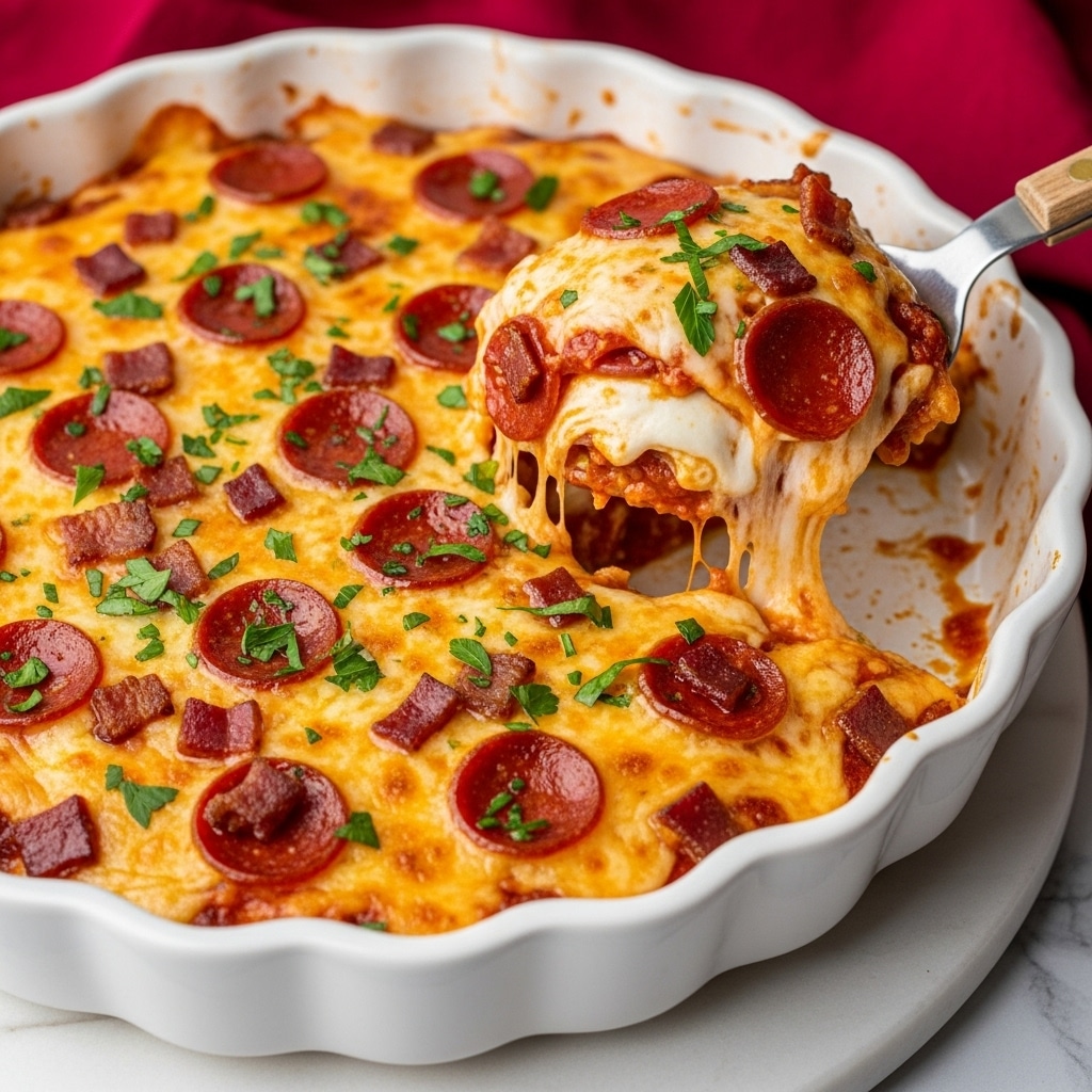 A white scalloped ceramic dish filled with a baked layered dip that has a red tomato base sauce layer, topped with a thick layer of melted white cheese covered evenly with mini pepperoni slices and bits of browned bacon, all sprinkled with chopped green herbs. A wooden spoon scoops out a portion revealing the cheese stretching and layers beneath, sitting on a white marbled surface with a blurred red cloth in the background. Photo taken with an iphone --ar 4:5 --v 7