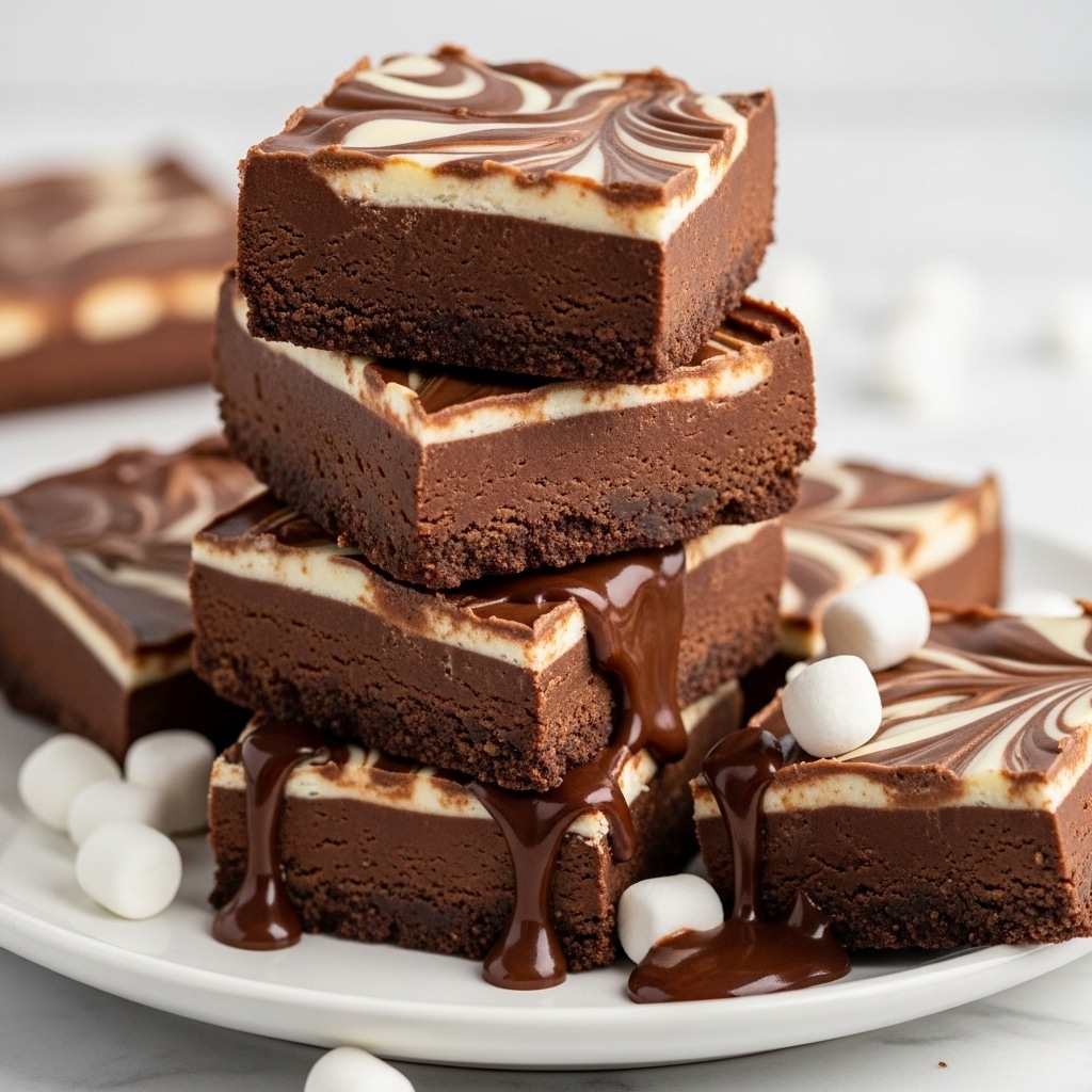 A stack of thick chocolate fudge squares is arranged on a white plate, each piece showing a smooth, dense dark brown layer with a shiny, swirled topping of white and milk chocolate creating a marbled pattern. The edges of the fudge are clean with slight crumbles, and small white marshmallows are scattered on and around the stack, adding a soft contrast. The fudge has a glossy finish with some melting chocolate dripping down the sides, all placed on a white marbled surface. Photo taken with an iphone --ar 4:5 --v 7