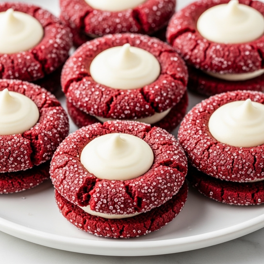 The image shows several red velvet thumbprint cookies placed closely together on a white plate. Each cookie has one layer of deep red, textured dough coated with sparkling sugar crystals. The dough is cracked gently around the center, forming a small well filled with a smooth, creamy white frosting that has a slight peak in the middle. The plate is set on a white marbled texture surface, making the rich red of the cookies stand out clearly. photo taken with an iphone --ar 4:5 --v 7