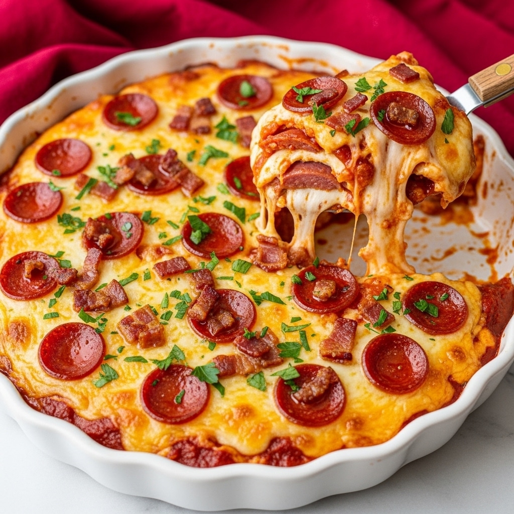 The image shows a round baked dish in a white scalloped ceramic dish, with a golden, melted cheese layer on top speckled with many small pepperoni slices and bits of crispy bacon. Fresh green parsley is sprinkled evenly over the top, adding color contrast. A wooden-handled spoon is lifting a portion, revealing gooey layers of white melted cheese, red tomato sauce, and bits of pepperoni inside. The dish sits on a white marbled surface, with a deep red cloth visible in the background. photo taken with an iphone --ar 4:5 --v 7