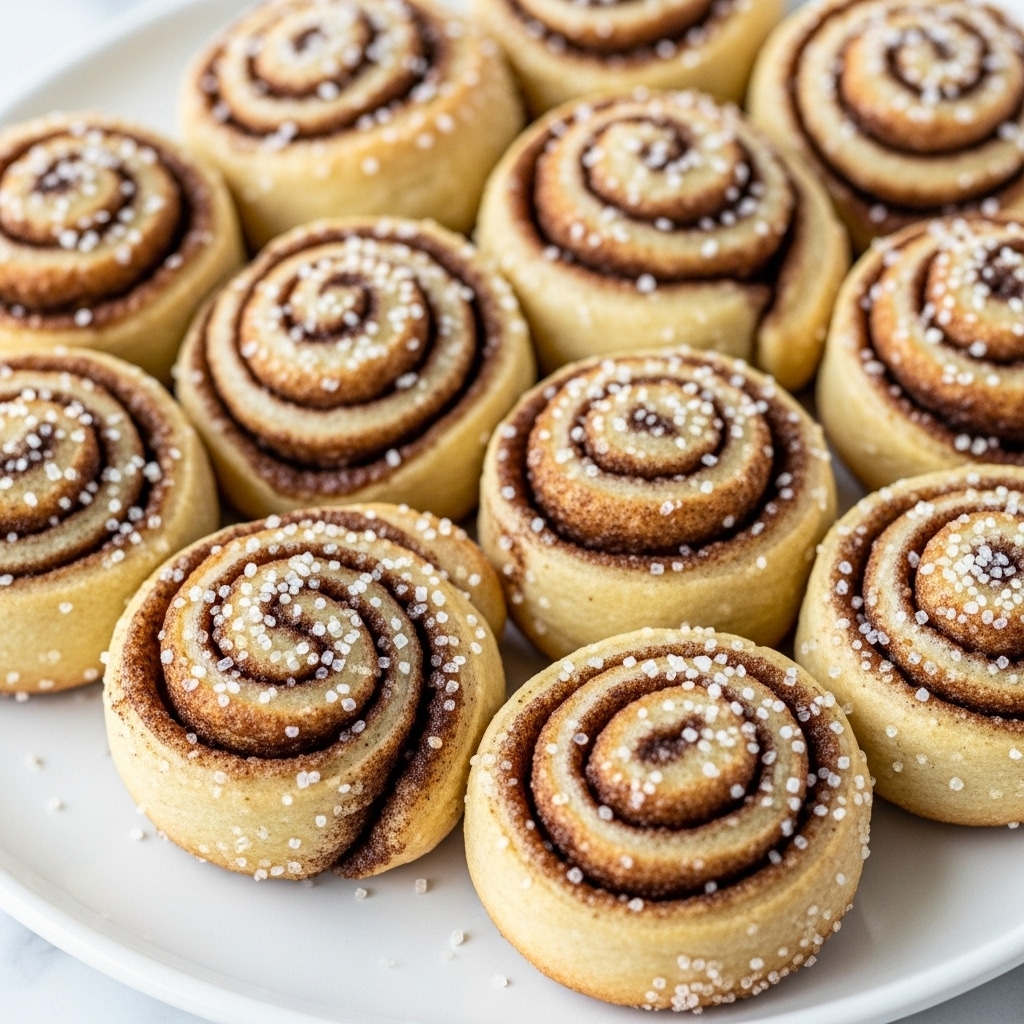 The image shows a close-up of several small cinnamon roll cookies arranged closely together. Each cookie has multiple spiral layers of light tan dough with a medium brown cinnamon filling. The edges and tops of the rolls are coated with sparkling white sugar granules, giving a rough texture that contrasts with the smooth dough and filling. The rolls fill the frame with soft shadows between them, resting on a white marbled textured surface. photo taken with an iphone --ar 4:5 --v 7