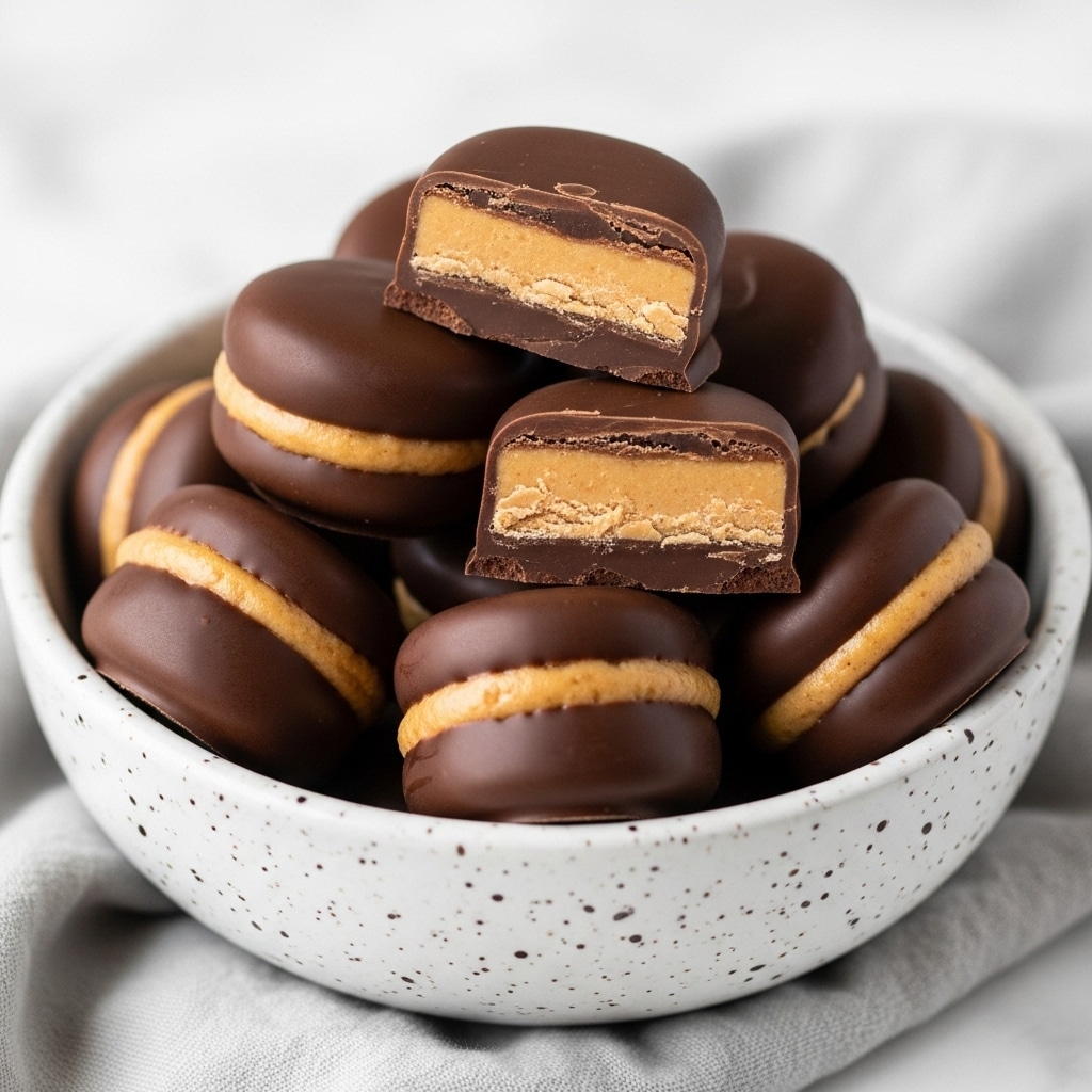 A speckled white bowl filled with round chocolate-covered balls that have a smooth, glossy dark brown outer layer and a circular light beige creamy top center. The balls are piled in the bowl, showing texture contrast between the shiny chocolate and the matte creamy part. The bowl sits on a soft, light gray fabric with a white marbled surface underneath. Photo taken with an iphone --ar 4:5 --v 7
