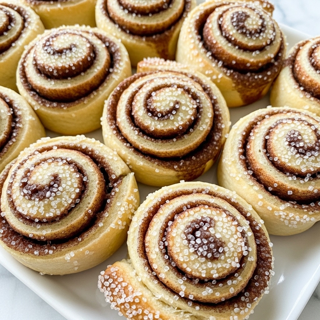 The image shows a close-up of multiple small cinnamon rolls arranged closely together on a white plate. Each cinnamon roll has several visible layers of light golden dough intertwined with darker brown cinnamon filling spiraled tight. The outer edges and surface of each roll are coated with granulated sugar crystals, adding a textured, sparkling look. The rolls sit on a white marbled textured surface that complements the soft warm tones of the pastries. Photo taken with an iphone --ar 4:5 --v 7