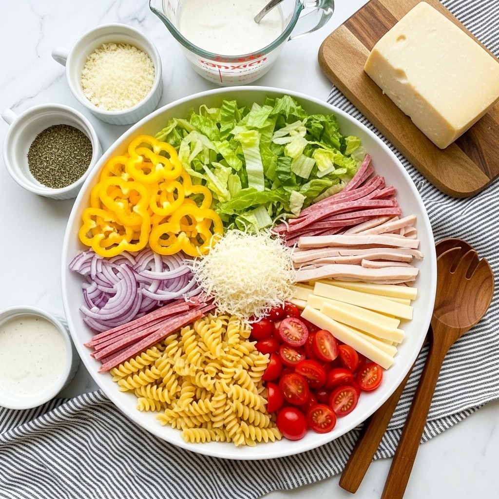 The image shows a large white bowl filled with different ingredients arranged in separate sections like a pie. Starting from the top left and moving clockwise, there are bright yellow pepper rings, shredded light green lettuce, thin slices of purple onion, strips of pinkish salami, light beige turkey strips, pale yellow cooked rotini pasta, halved red grape tomatoes, and pale yellow cheese sticks. In the center, there is a mound of finely grated white cheese. Around the bowl, there are small white dishes containing grated cheese and dried herbs, a glass measuring cup with creamy white dressing, a large block of cheese on a wooden board, and two wooden salad serving utensils. All items rest on a white marbled surface with a striped black and white cloth nearby. photo taken with an iphone --ar 4:5 --v 7