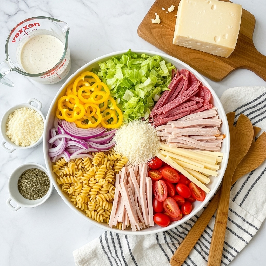 A white bowl is filled with nine organized layers arranged in sections: shredded light green lettuce at the top center, thinly sliced bright yellow banana peppers next to it on the left, sliced red onions at the top right, thin strips of pinkish-red salami next to the onions, light beige turkey strips at the right middle, spiral yellow pasta at the bottom right, halved red cherry tomatoes at the bottom left, strips of white cheese above the tomatoes, and thin slices of reddish pepperoni above the cheese. In the center of the bowl, there is a mound of finely grated white cheese. Around the bowl, there is a small white bowl with grated cheese, a wooden cutting board with a wedge of cheese, a small white plate with dried herbs, a glass container with creamy white dressing, and two wooden salad spoons on a white marbled surface. A striped black and white cloth is partly visible in the top right corner. Photo taken with an iphone --ar 4:5 --v 7