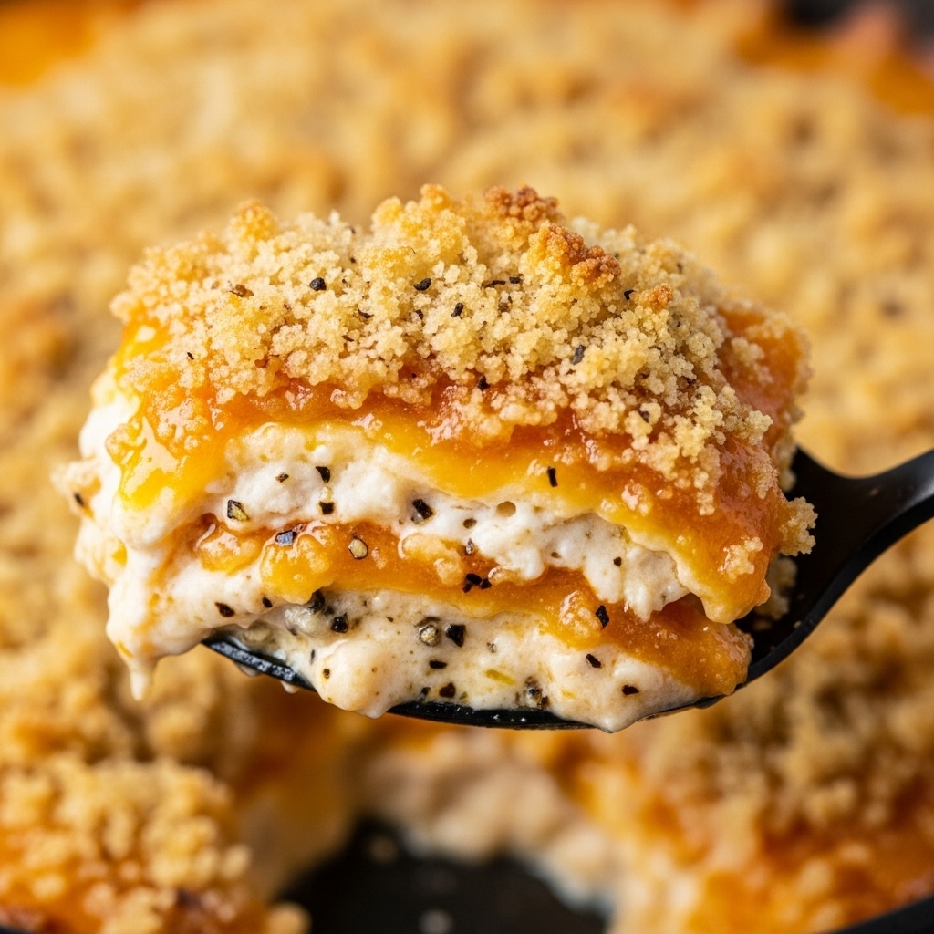A close-up of a black metal spoon holding a scoop of baked macaroni and cheese with a crunchy, golden-brown crumb topping on the top layer. Beneath the crumb layer is a thick, creamy mix of melted cheese and pasta in a pale yellow color with small black pepper specks scattered throughout. The bottom layer shows some browned cheese and noodles with a slightly chewy texture. The background is blurred but shows a large tray of the same baked dish with a bubbly and browned top crust, all set on a white marbled surface. photo taken with an iphone --ar 4:5 --v 7
