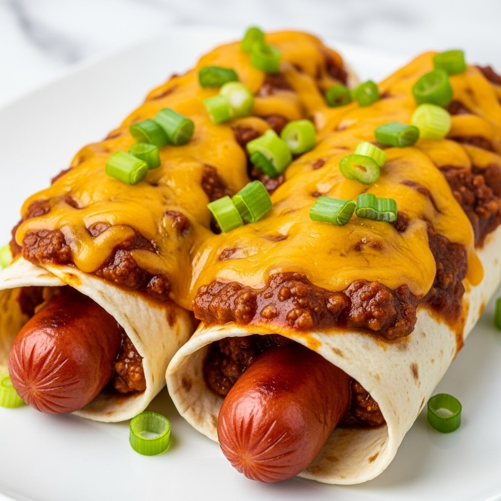 The image shows three enchiladas on a white plate topped with bright yellow melted cheese and filled with small sausages and chili con carne. The enchiladas are covered in a rich brown sauce that looks thick and hearty, with green onion slices scattered on top for color. The edges of the enchiladas are soft with a slightly crispy look, and the sausages are glossy and browned. The white plate sits on a white marbled surface, giving a clean and fresh background. Photo taken with an iphone --ar 4:5 --v 7